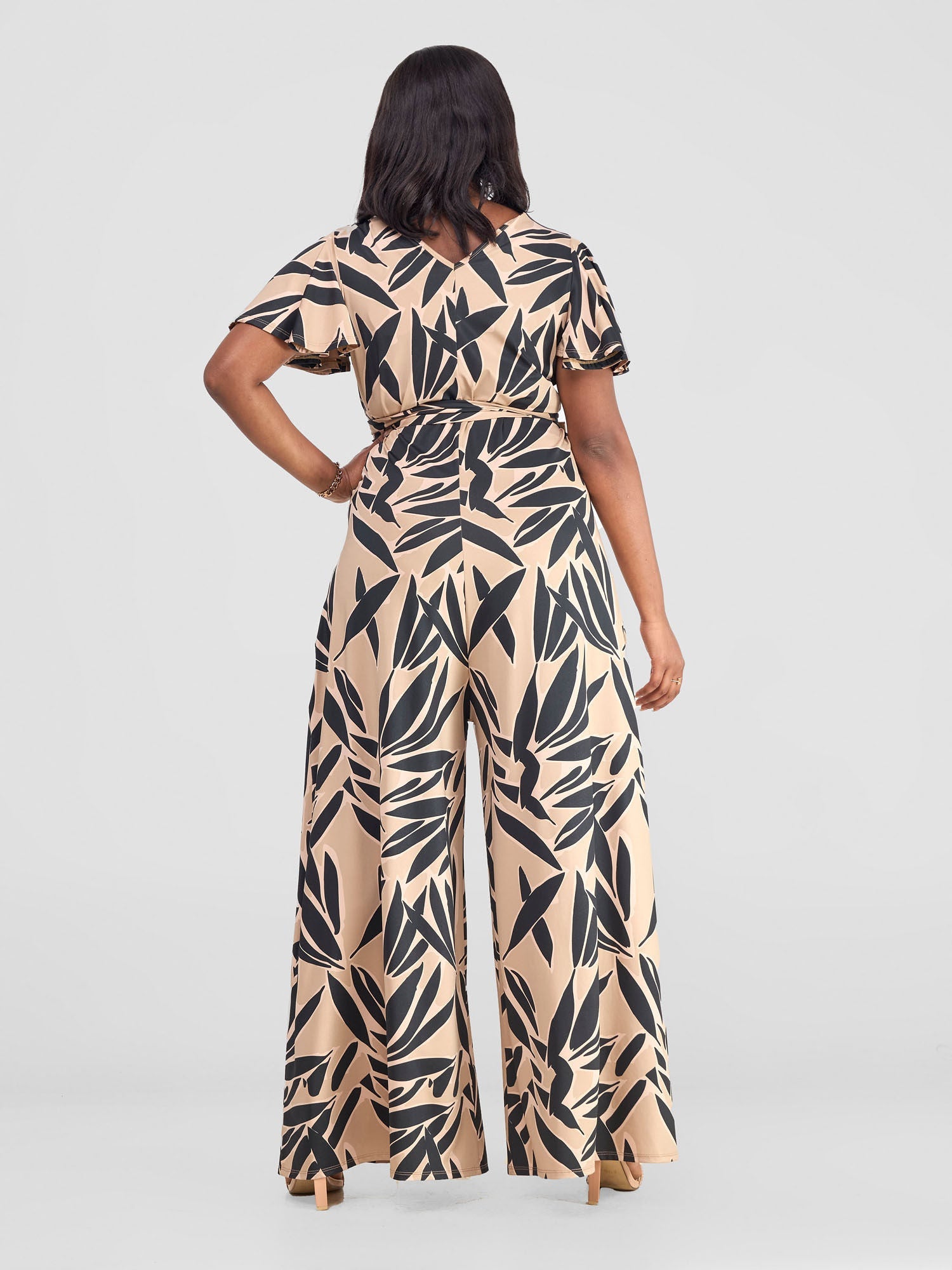 Vivo Ruwa Flounce Sleeve Jumpsuit - Taupe / Black Tawi Print