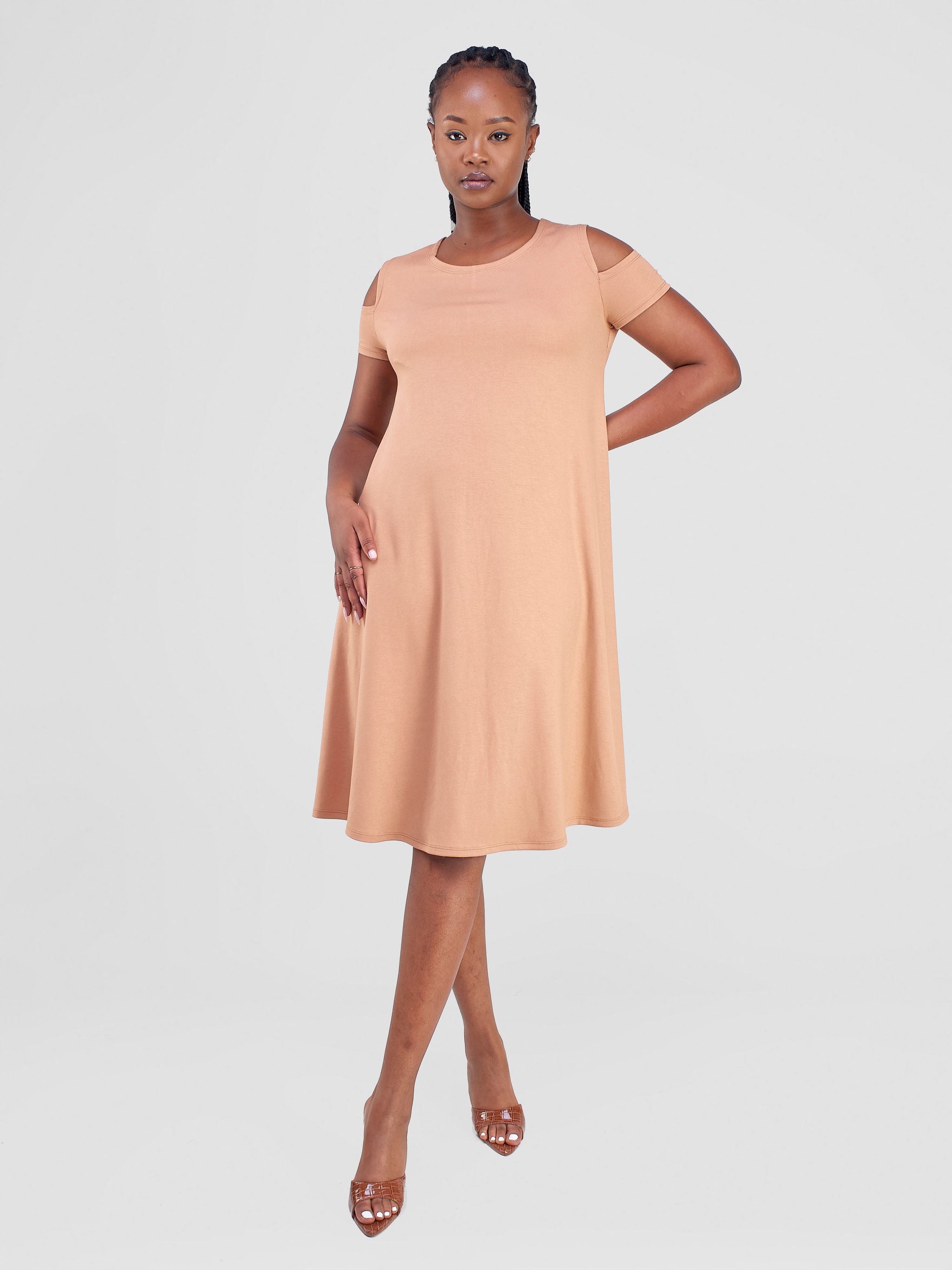 Vivo Lamu Knee Length Cold Shoulder Dress - Tan