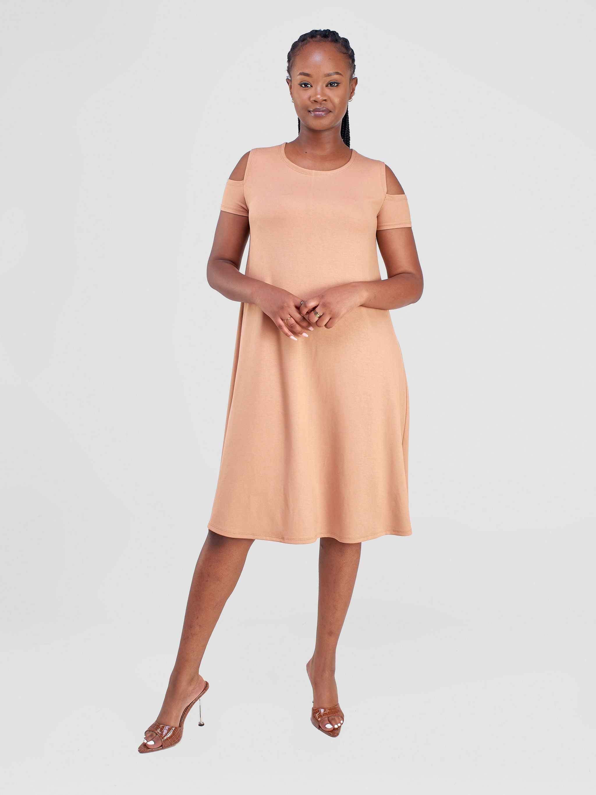 Vivo Lamu Knee Length Cold Shoulder Dress - Tan