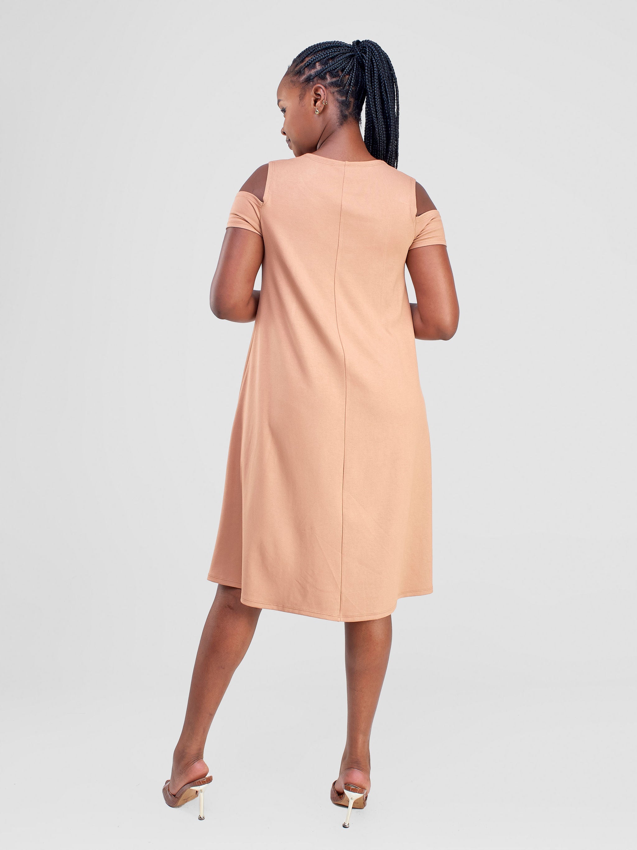 Vivo Lamu Knee Length Cold Shoulder Dress - Tan