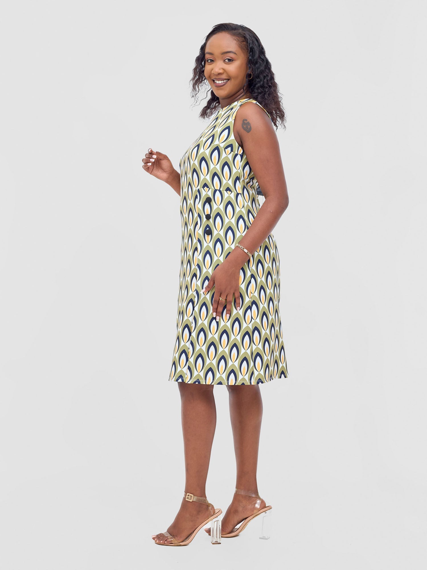 Vivo Mandla Side Flap A-Line Dress - Green / Mustard Manla Print