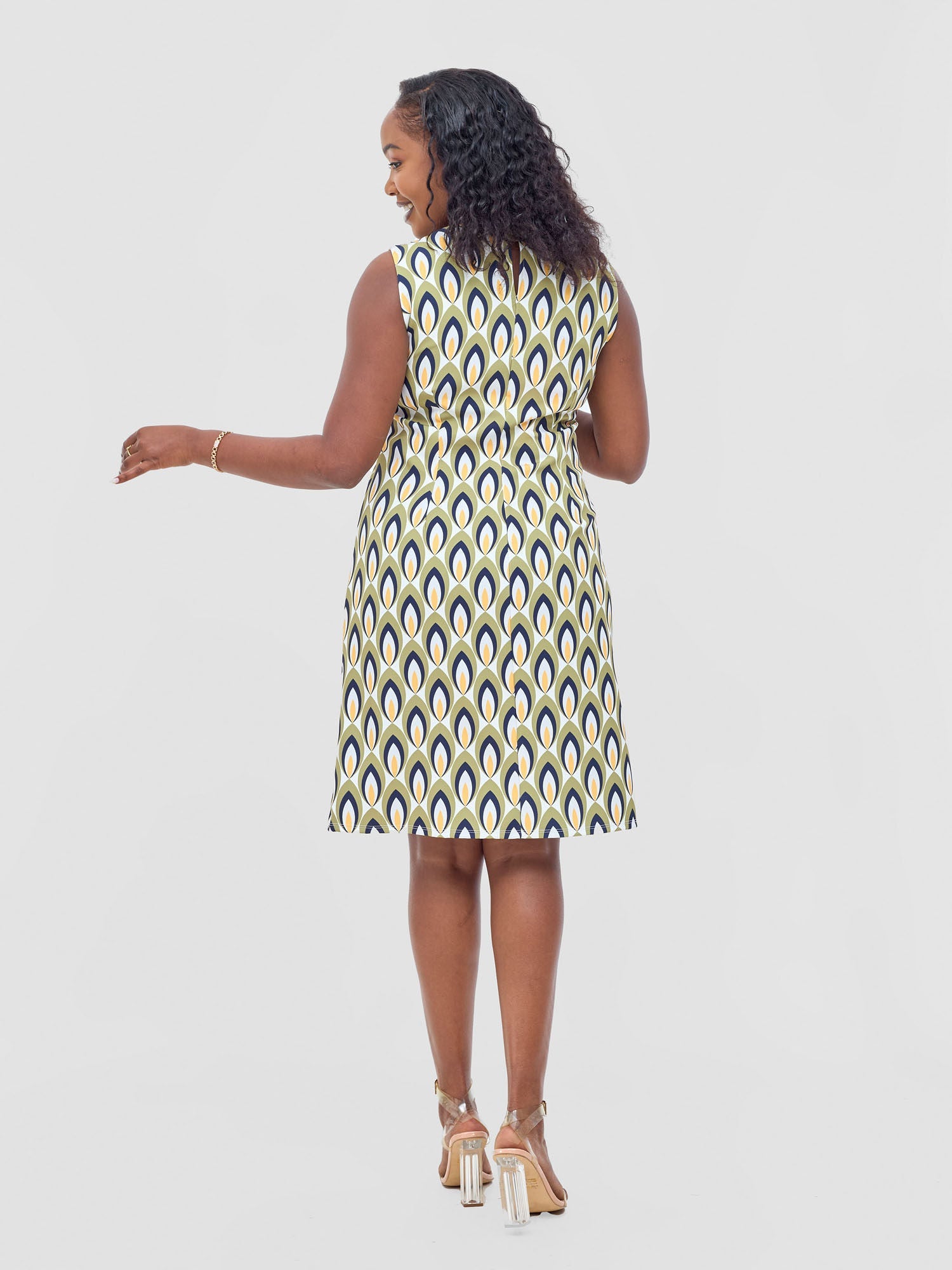 Vivo Mandla Side Flap A-Line Dress - Green / Mustard Manla Print