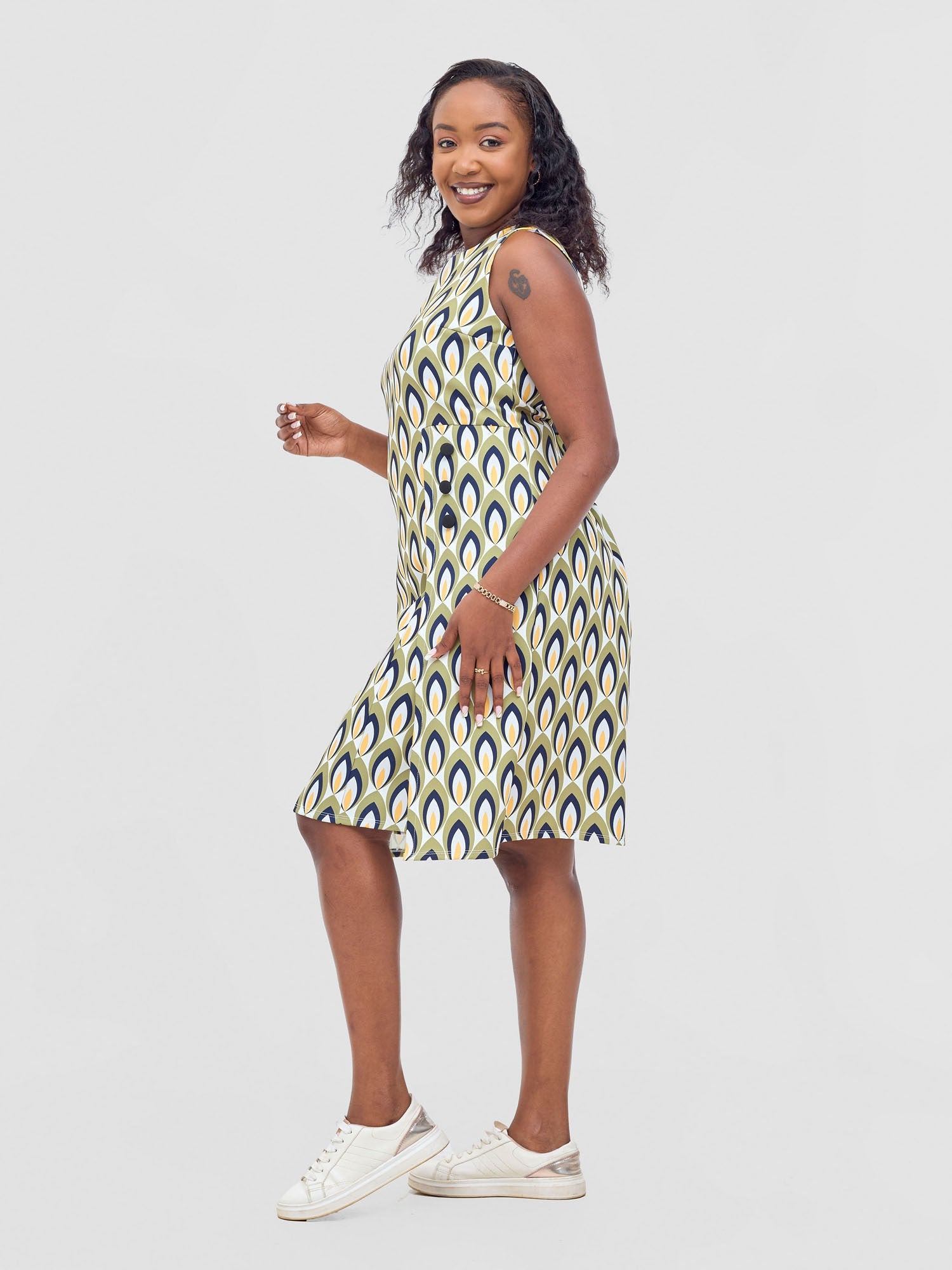 Vivo Mandla Side Flap A-Line Dress - Green / Mustard Manla Print