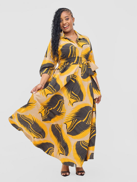 Vivo Yumi Maxi Shirt Dress - Yellow / Black Kasim Print