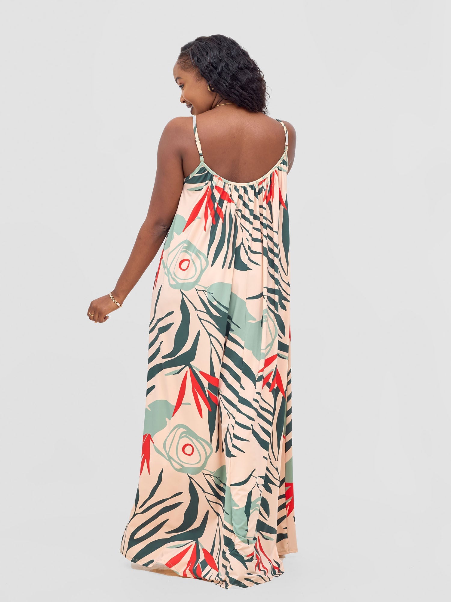 Vivo Sarabi Strappy Low Back Maxi Dress - Peach / Green Deza Print