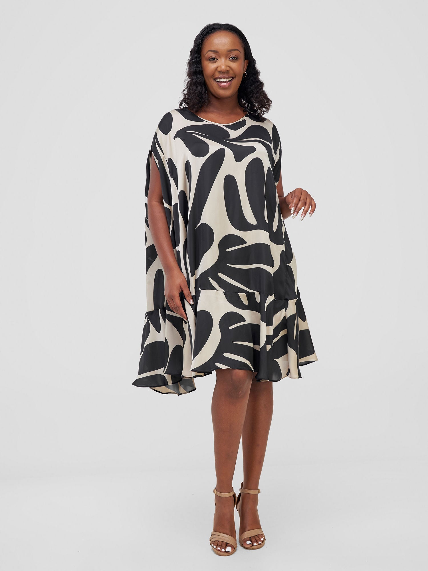 Vivo Thando Cape Knee Length Dress - Taupe / Black Amari Print