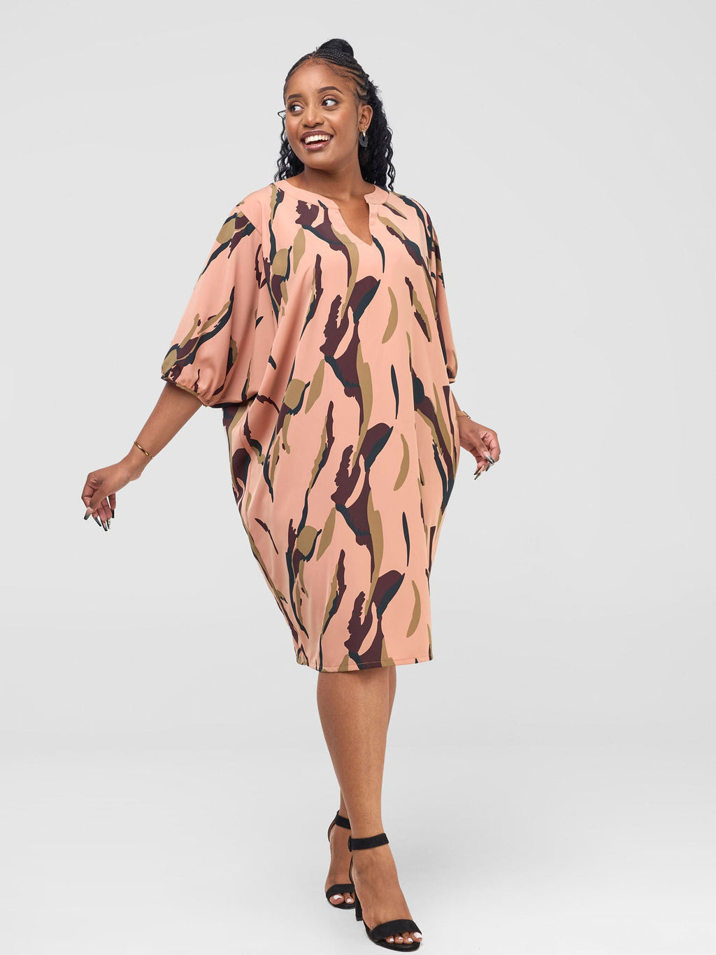 Vivo Reba Dolman Dress  - Tan / Brown Reba Print