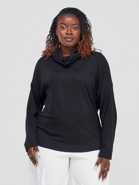 Vivo Basic Cowl Jersey Top - Black