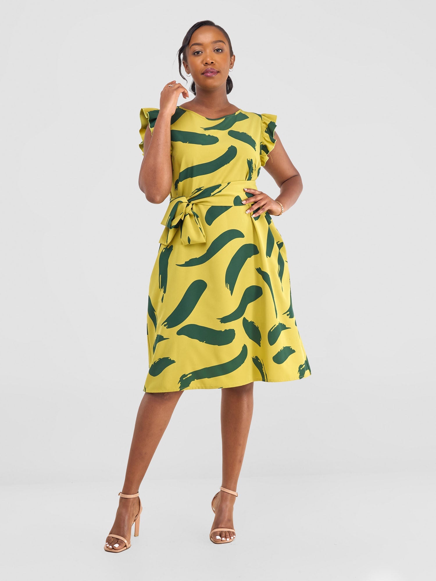 Vivo Nasinka A - line Knee Length Dress - Olive / Dark Green Print - Shopzetu