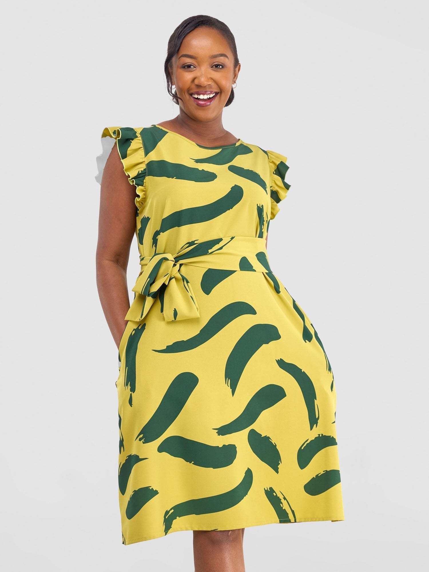 Vivo Nasinka A - line Knee Length Dress - Olive / Dark Green Print - Shopzetu