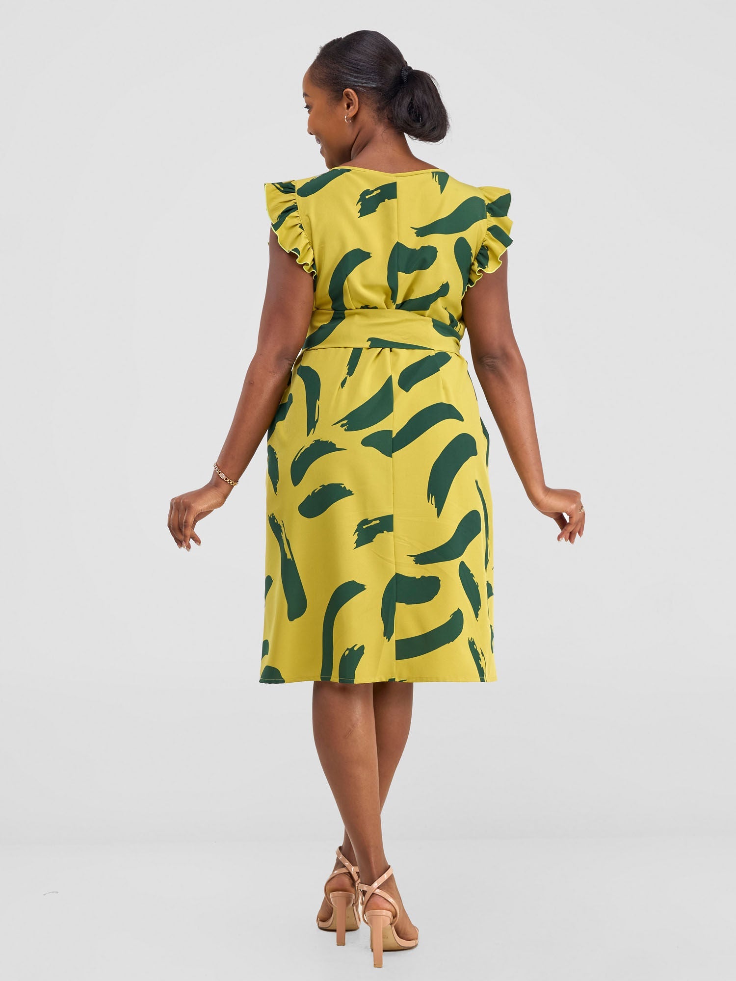 Vivo Nasinka A - line Knee Length Dress - Olive / Dark Green Print - Shopzetu