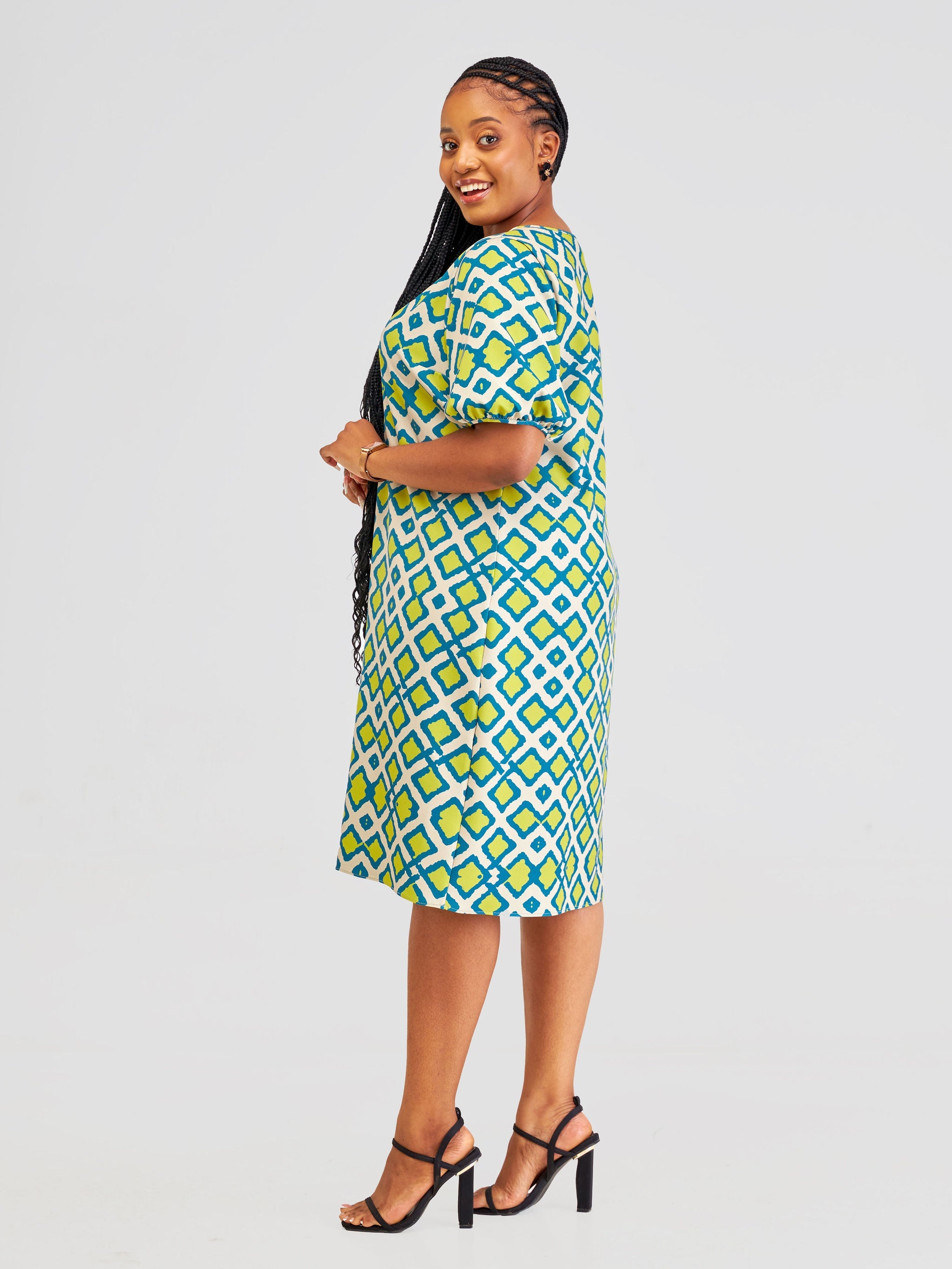 Vivo Pendo Puff Sleeve Shift Dress - Taupe / Lime Shale Print