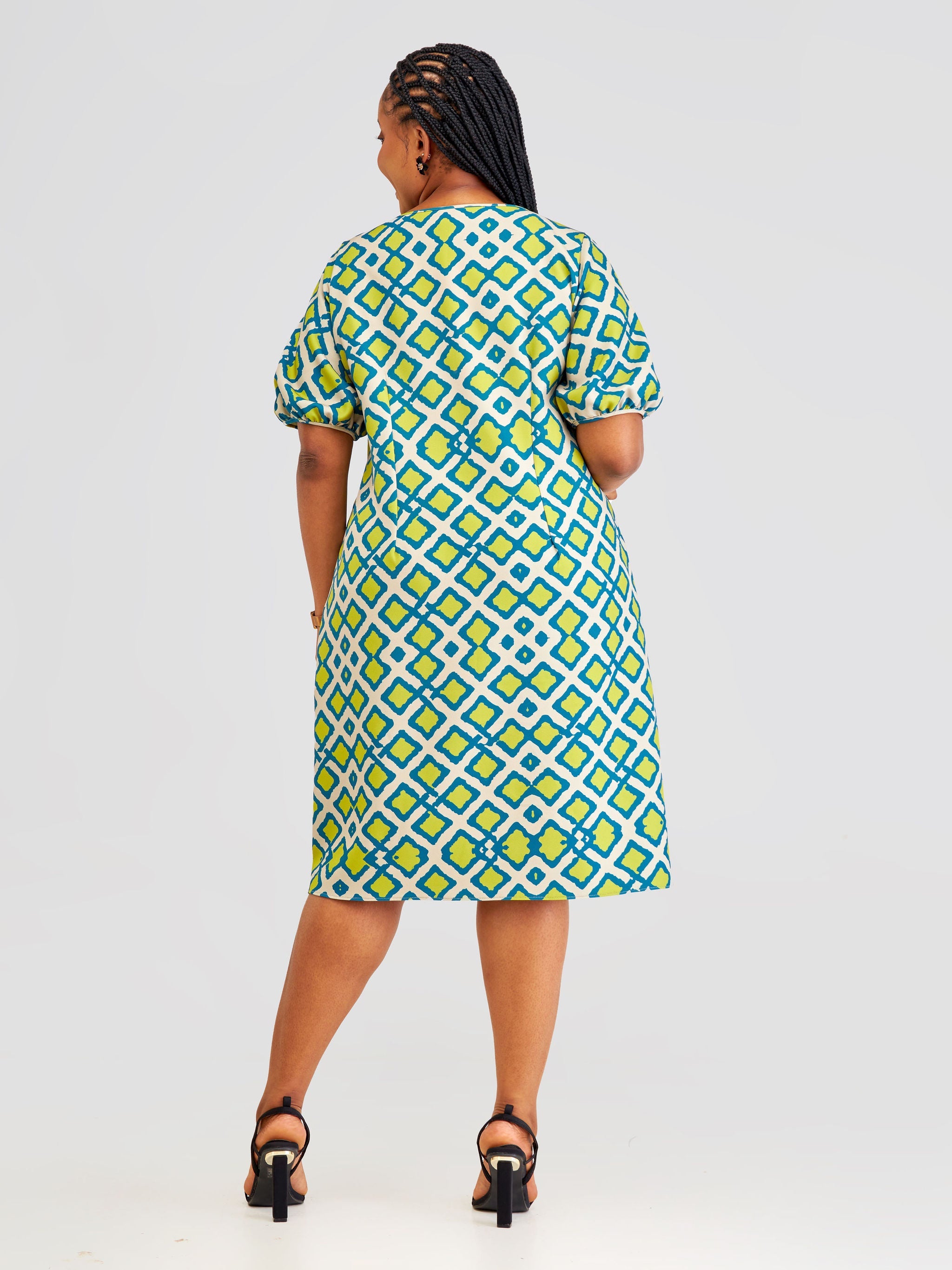 Vivo Pendo Puff Sleeve Shift Dress - Taupe / Lime Shale Print