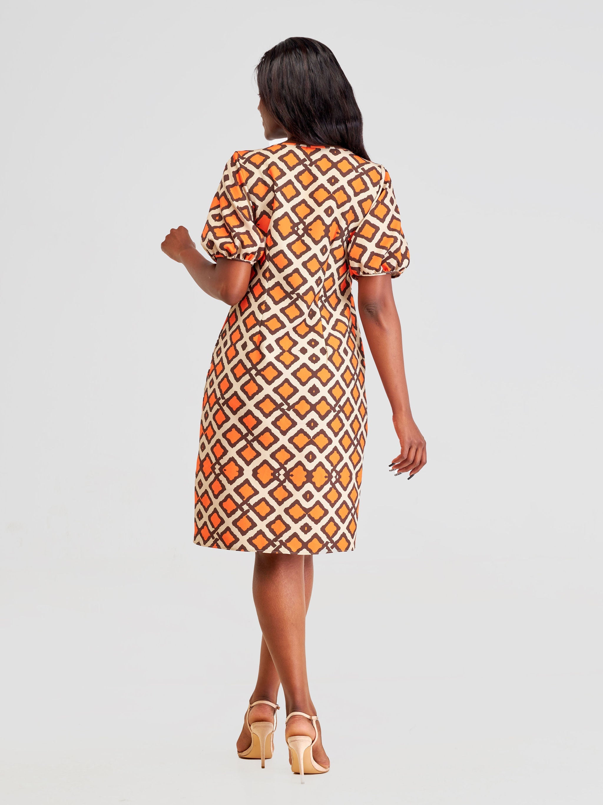 Vivo Pendo Puff Sleeve Shift Dress - Taupe / Orange Shale Print