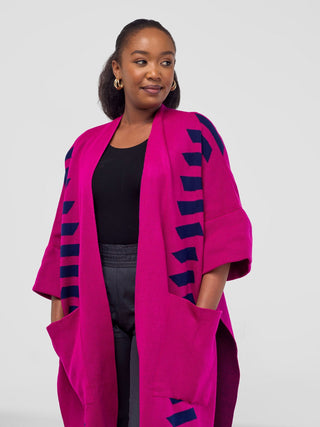 Safari Dila Poncho - Fuschia / Light Navy Blue