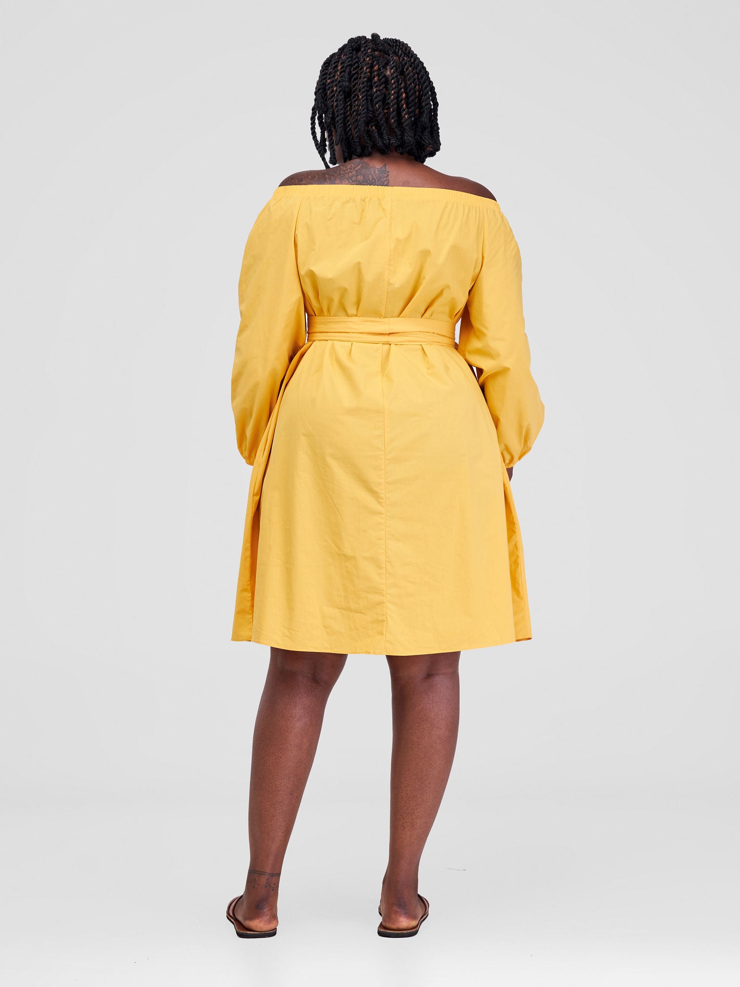 Safari Tawi Off Shoulder Knee Length Dress - Mustard(Plain Belt)