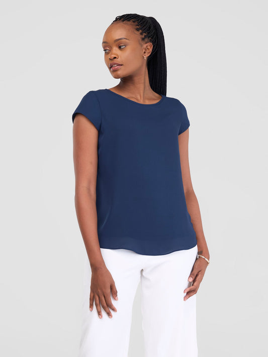 Vivo Basic Chiffon Cap Sleeve Top (Double Layered) - Navy