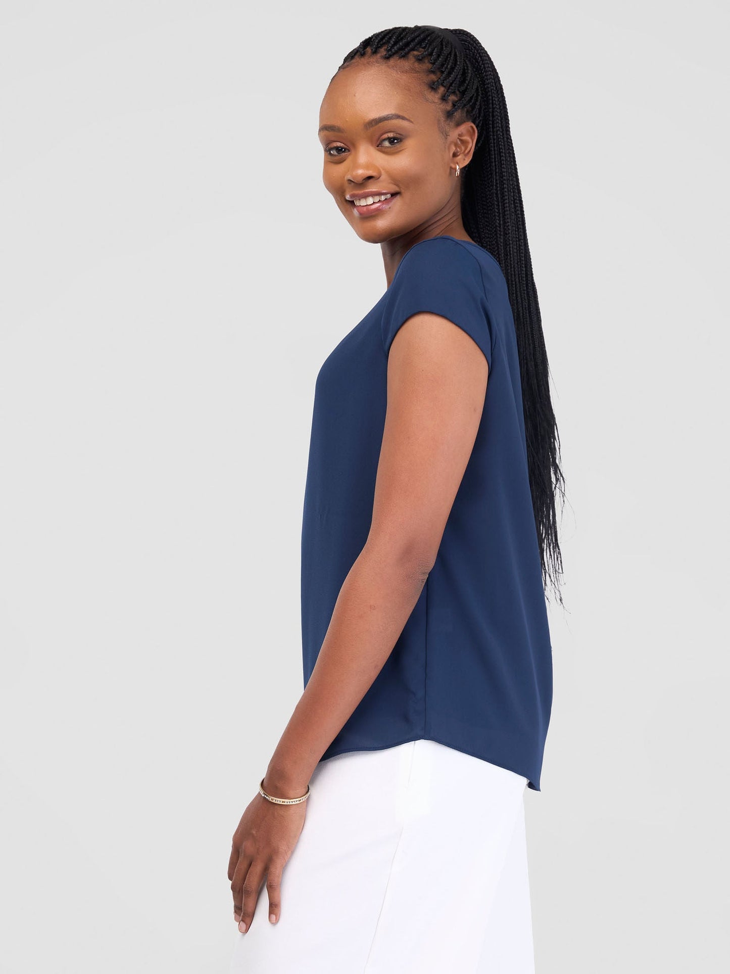 Vivo Basic Chiffon Cap Sleeve Top (Double Layered) - Navy