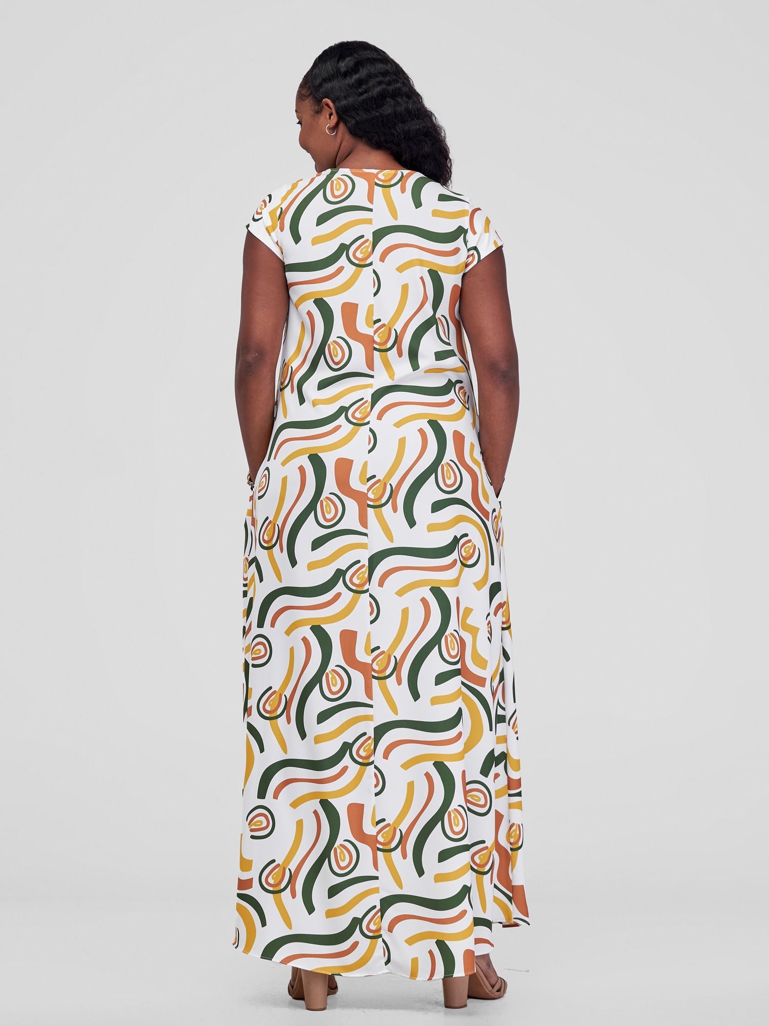 Vivo Zola V Neck Cap Sleeve Maxi Dress - Off White / Hunters Kemi Print