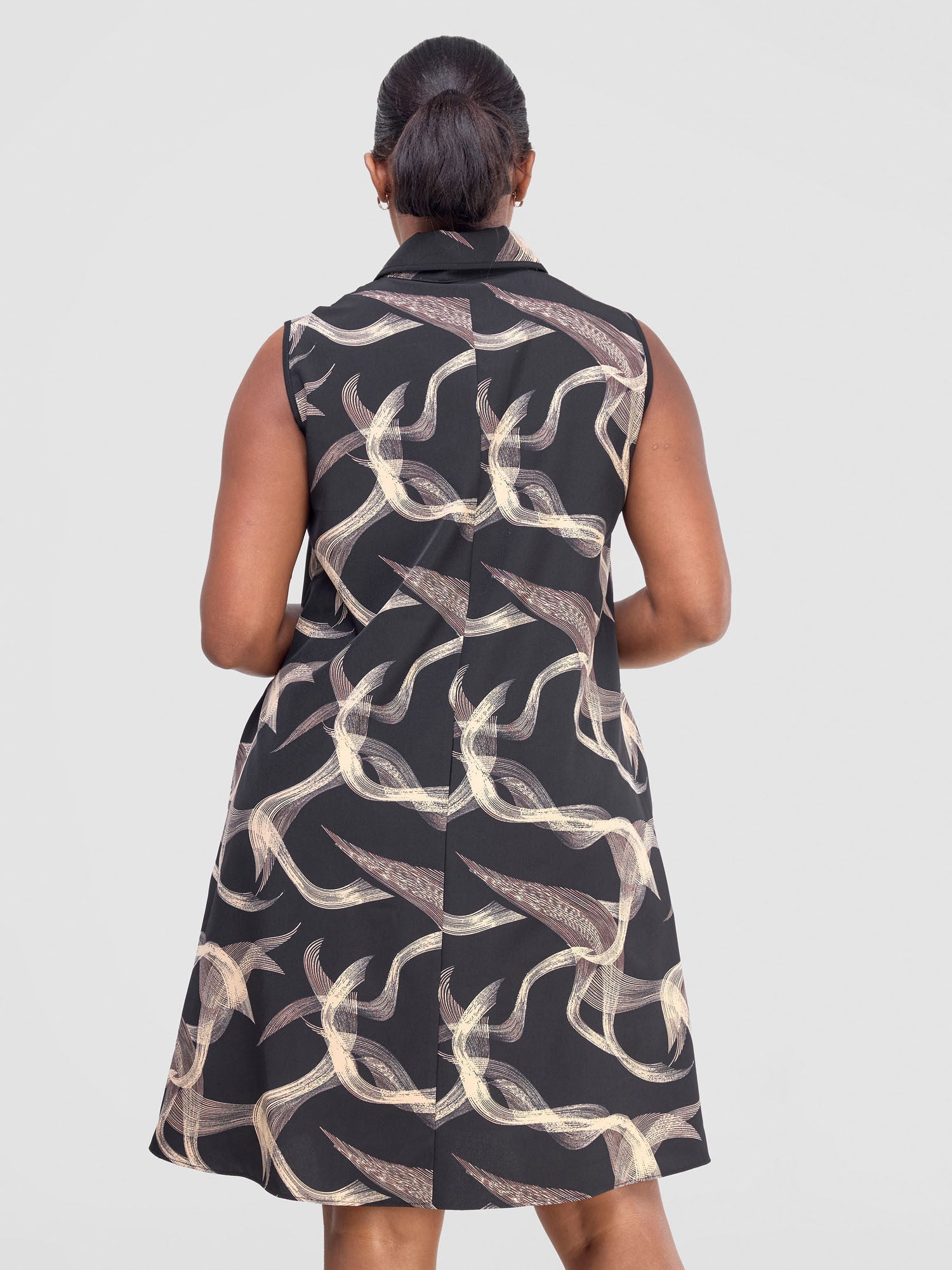 Vivo Shaa Sleeveless Knee Length Dress - Black / Beige Print