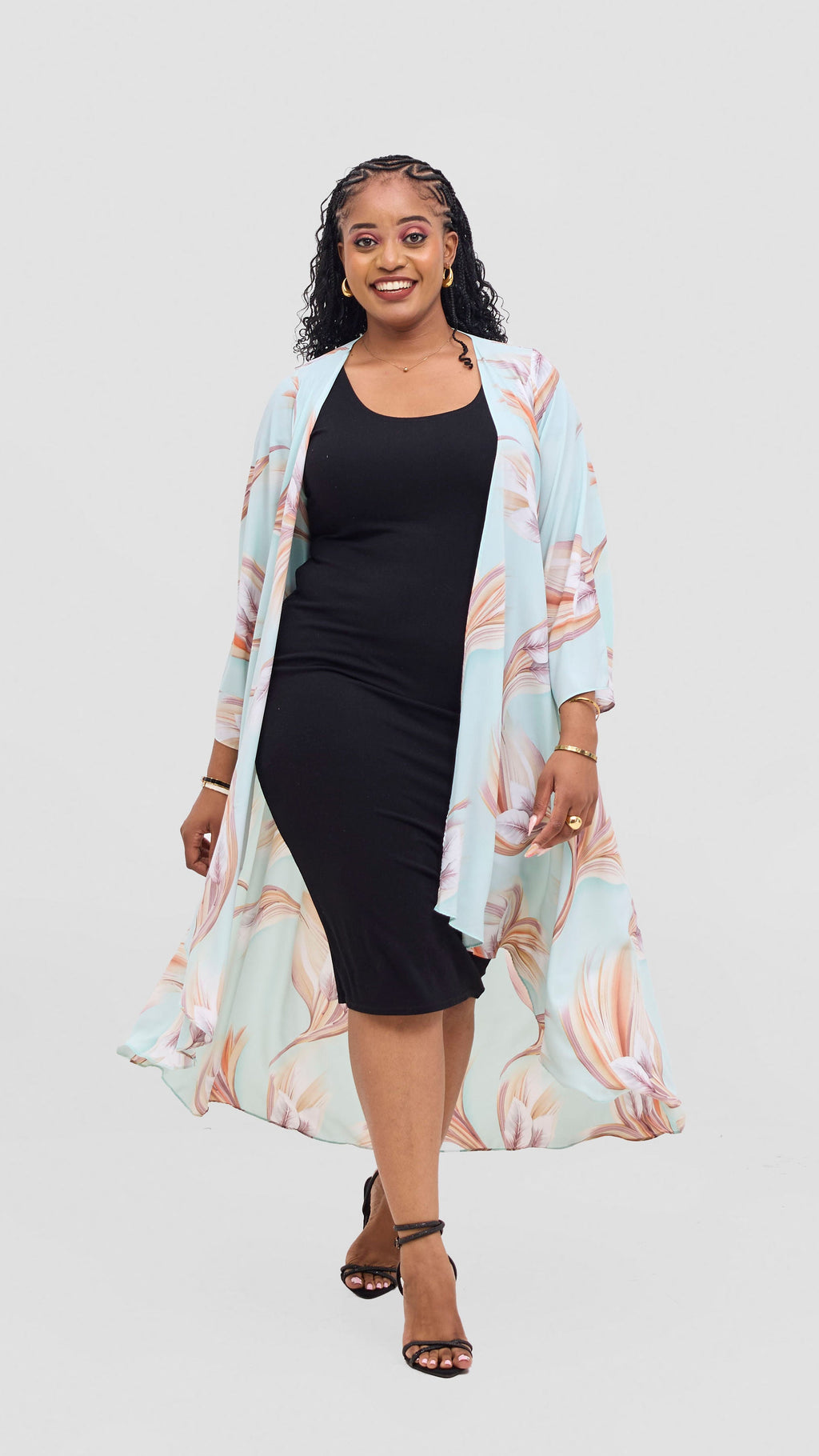 Vivo Maisha Long Sleeve High Low Kimono - Mint / Beige Tawi Print