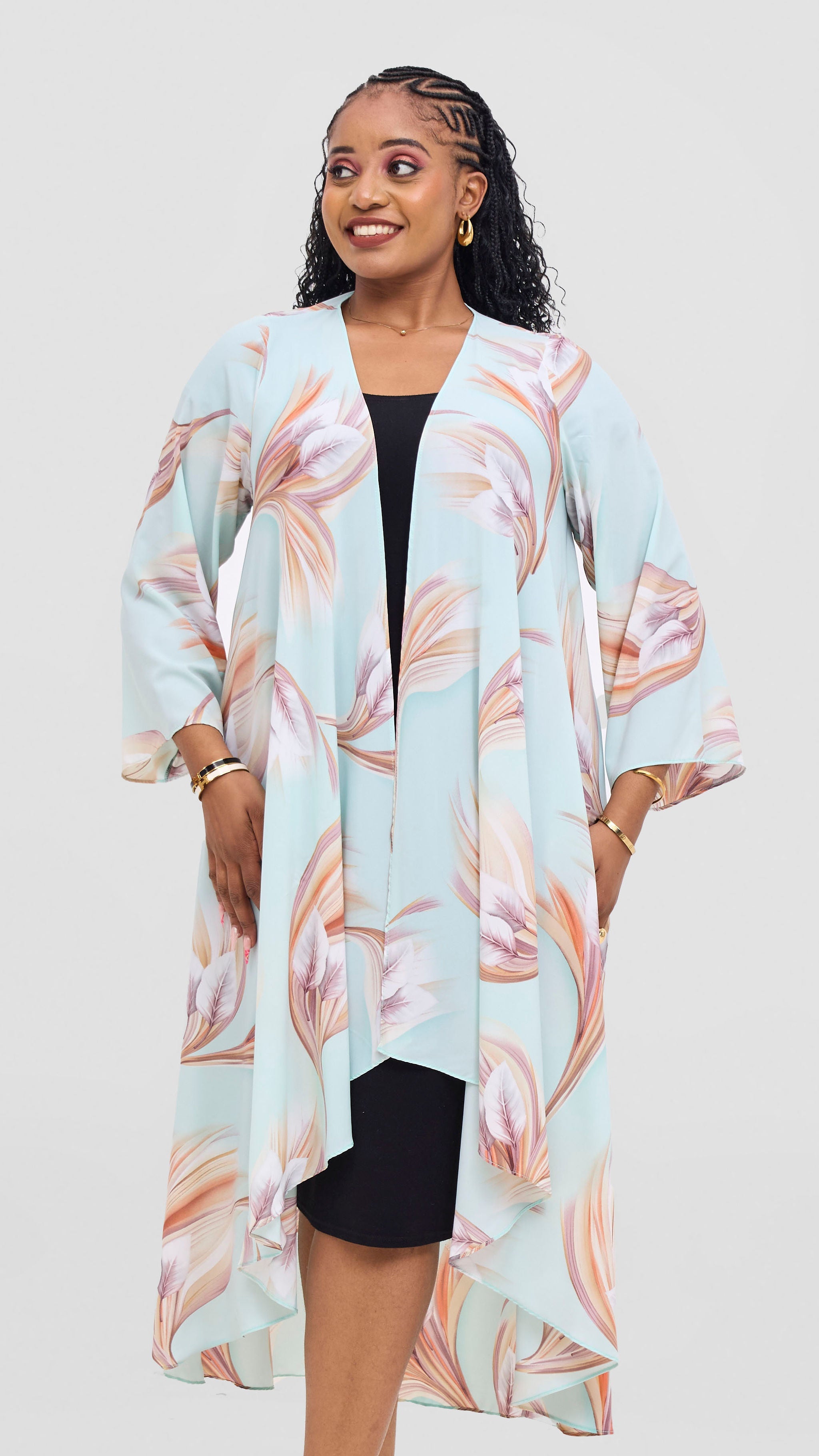 Vivo Maisha Long Sleeve High Low Kimono - Mint / Beige Tawi Print