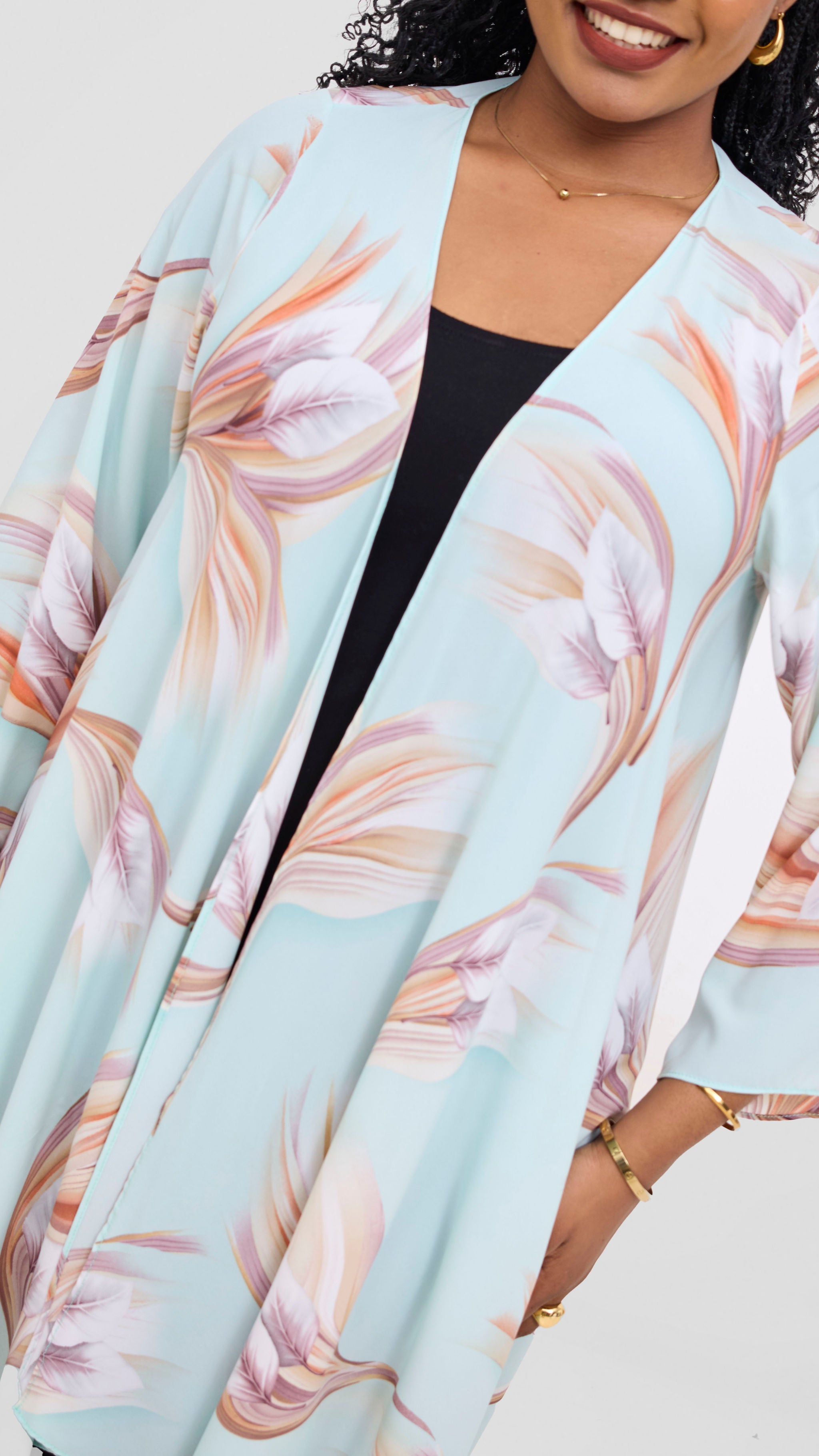 Vivo Maisha Long Sleeve High Low Kimono - Mint / Beige Tawi Print