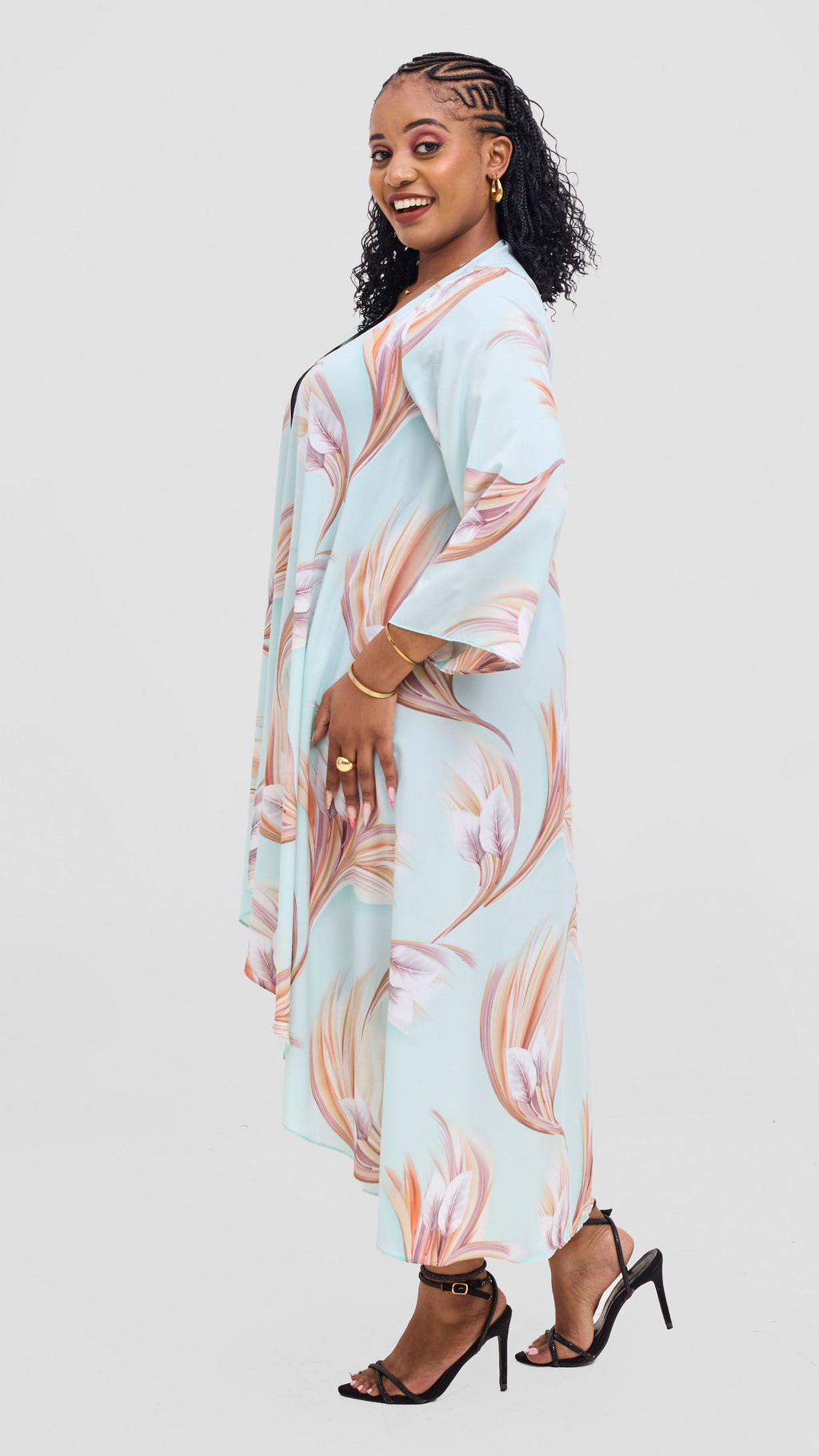 Vivo Maisha Long Sleeve High Low Kimono - Mint / Beige Tawi Print