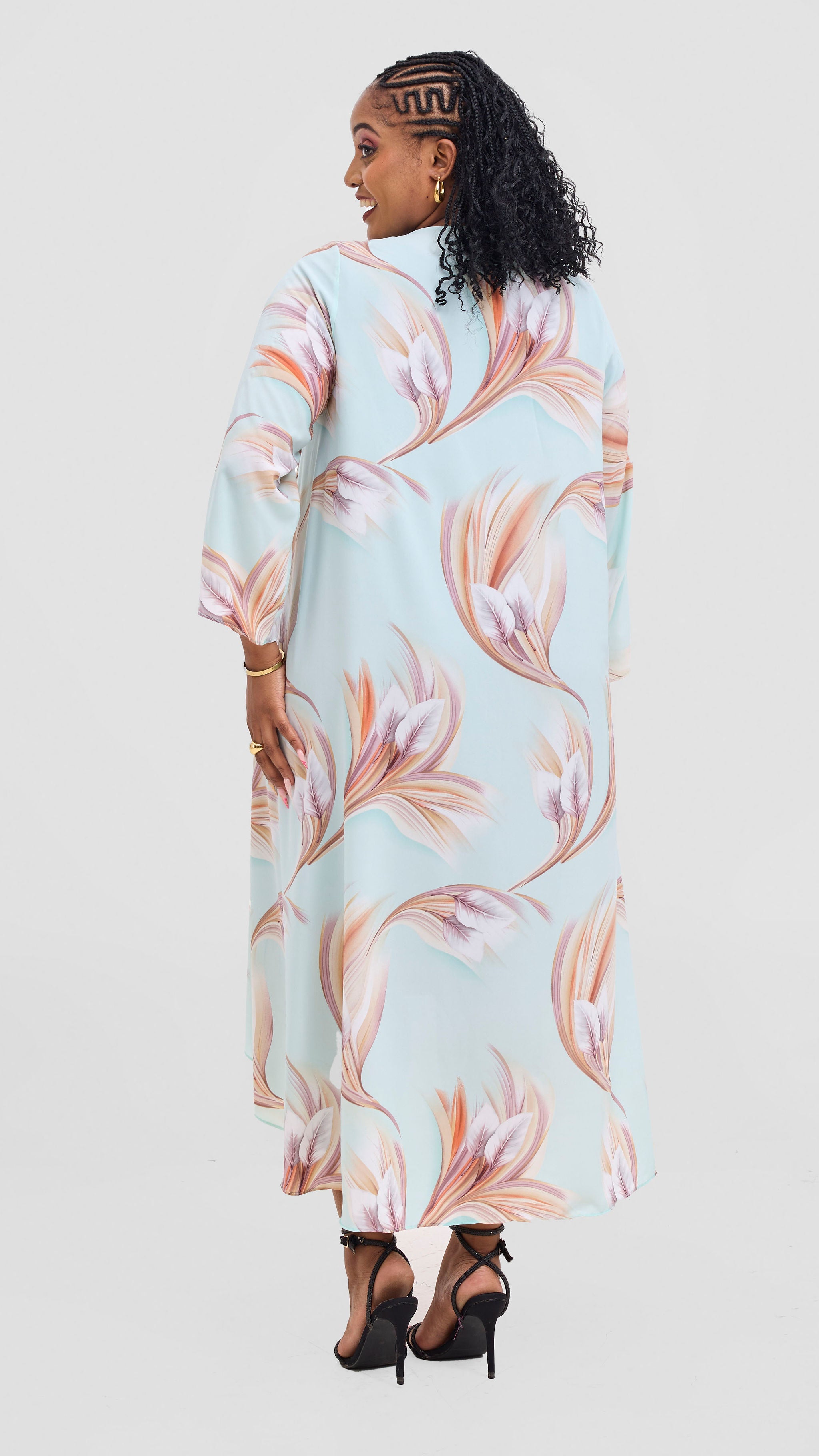 Vivo Maisha Long Sleeve High Low Kimono - Mint / Beige Tawi Print