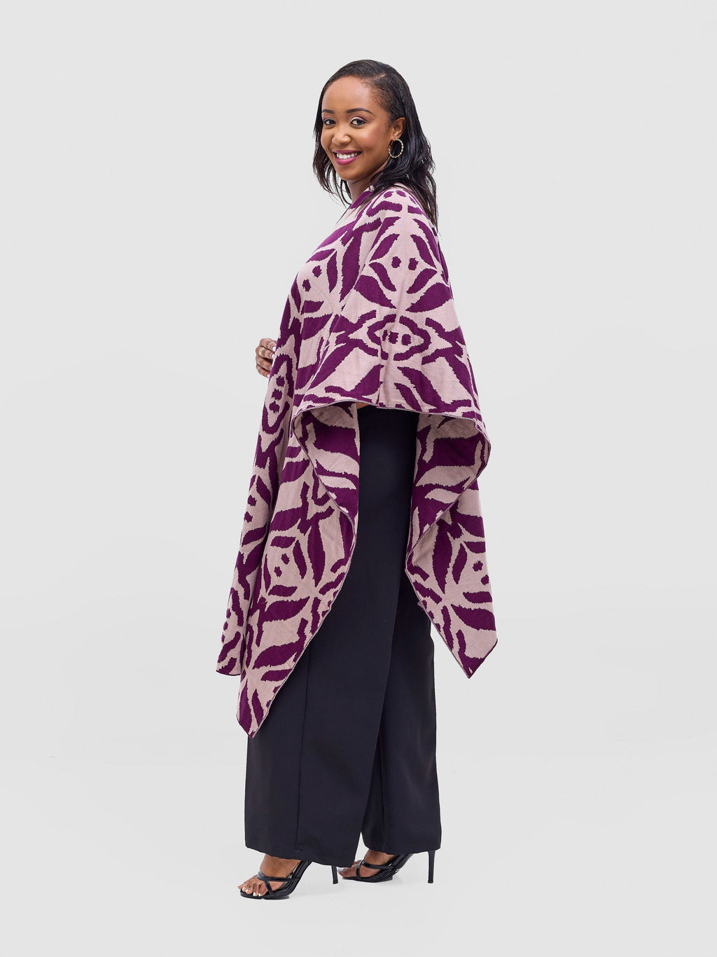 Vivo Reversible Poncho without Fringes - Plum / Champagne Ukwi Print