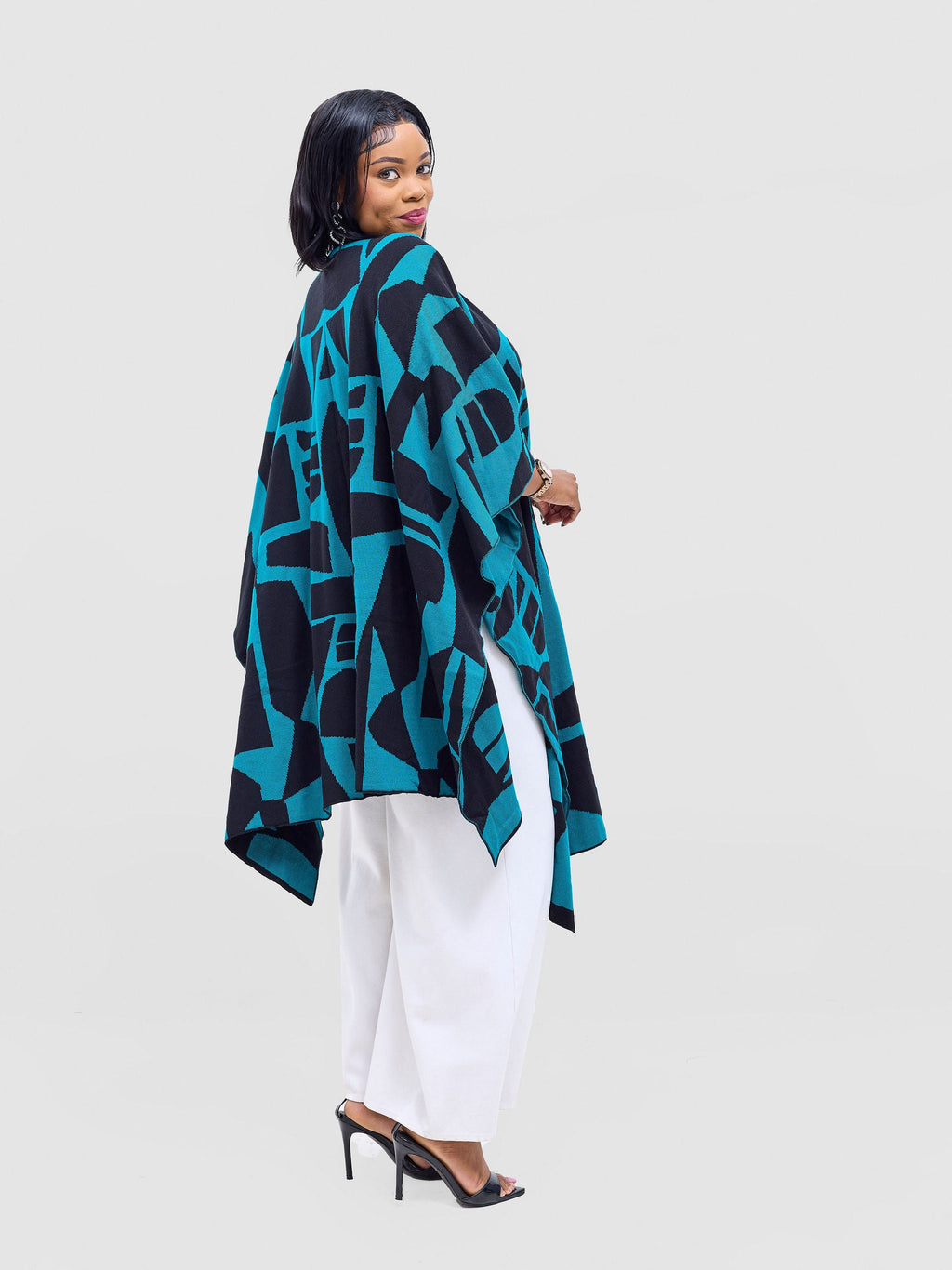 Vivo Reversible Poncho without Fringes - Balck / Teal Samba Print