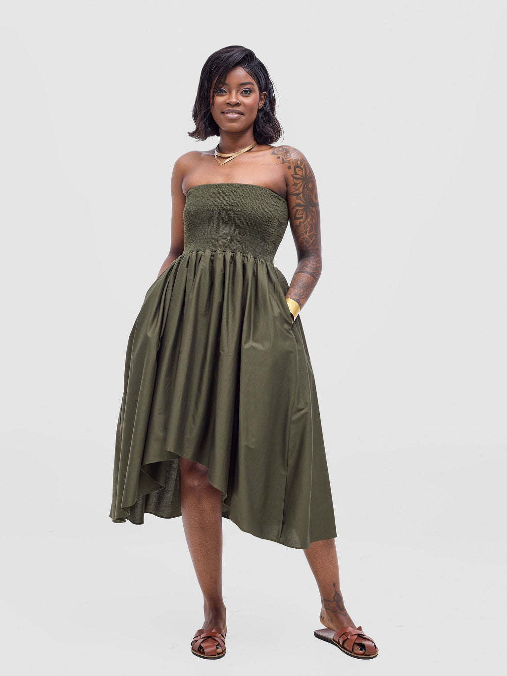 Safari Tiwa Shirred Midi Dress - Hunters