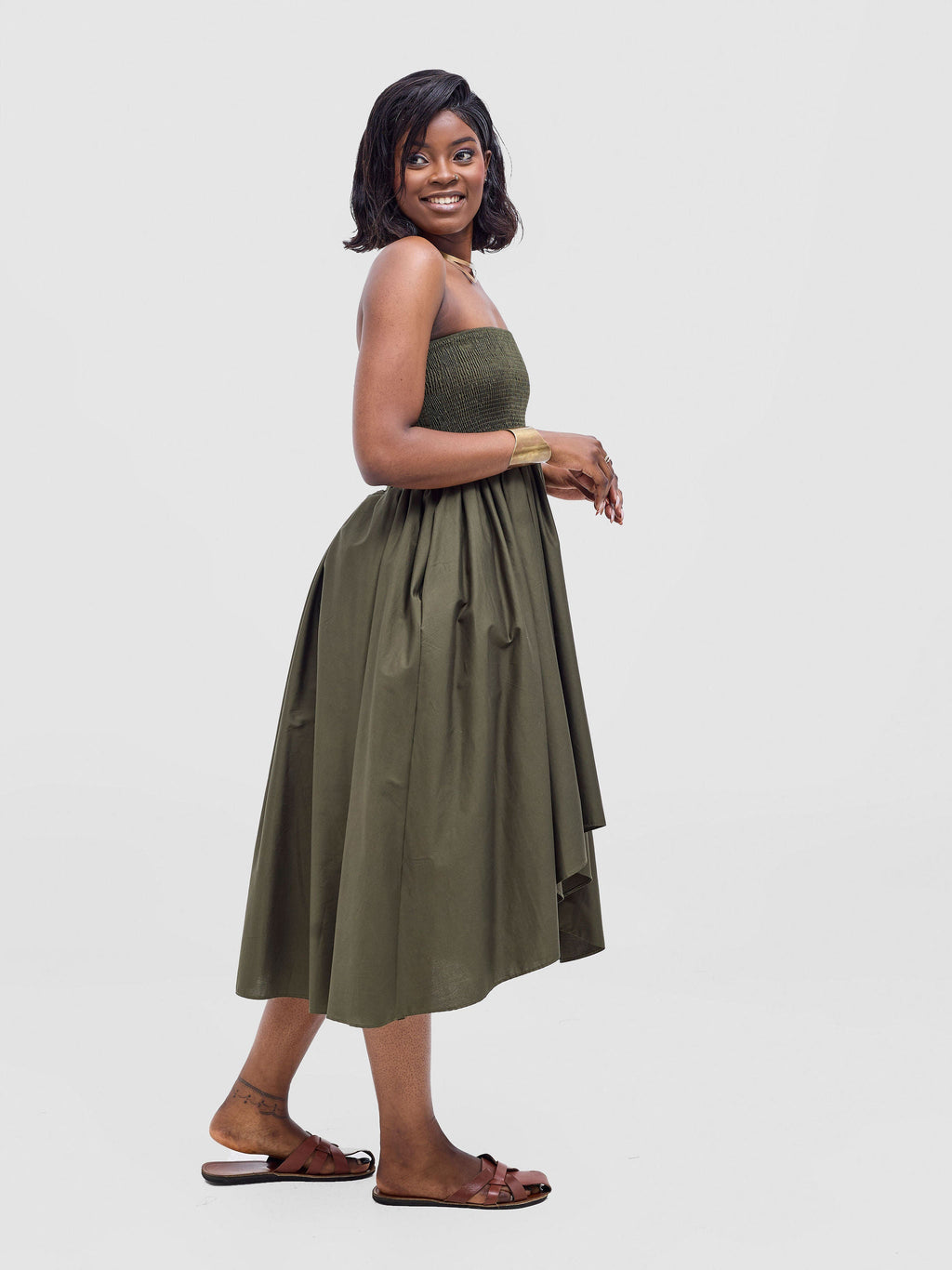 Safari Tiwa Shirred Midi Dress - Hunters