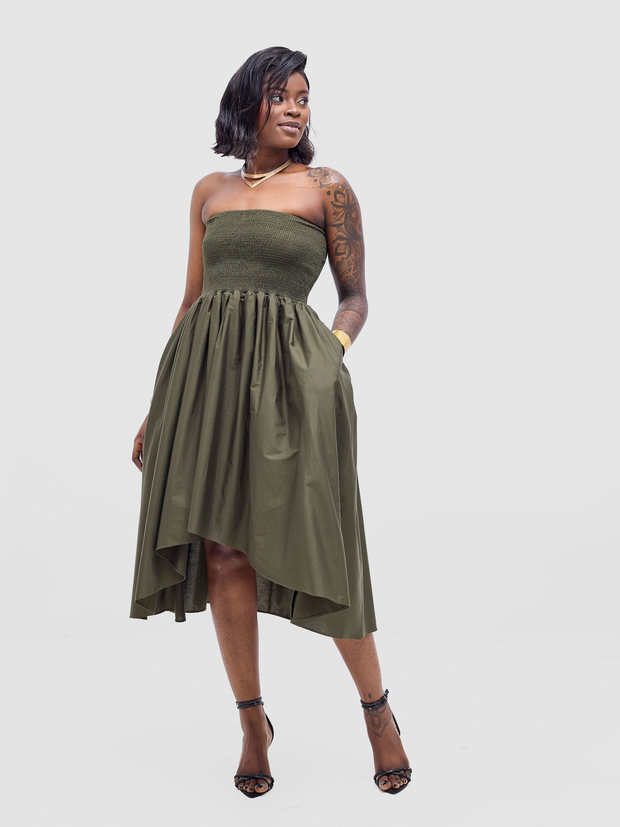 Safari Tiwa Shirred Midi Dress - Hunters