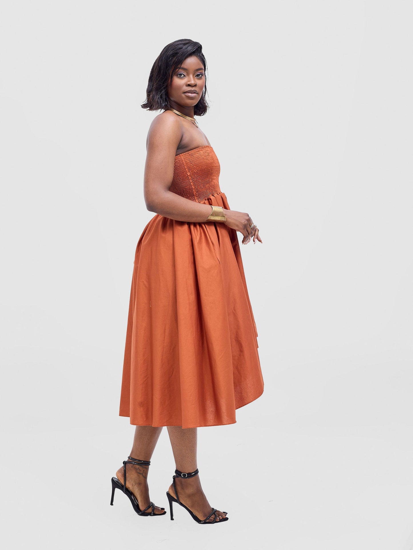 Safari Tiwa Shirred Midi Dress - Rust