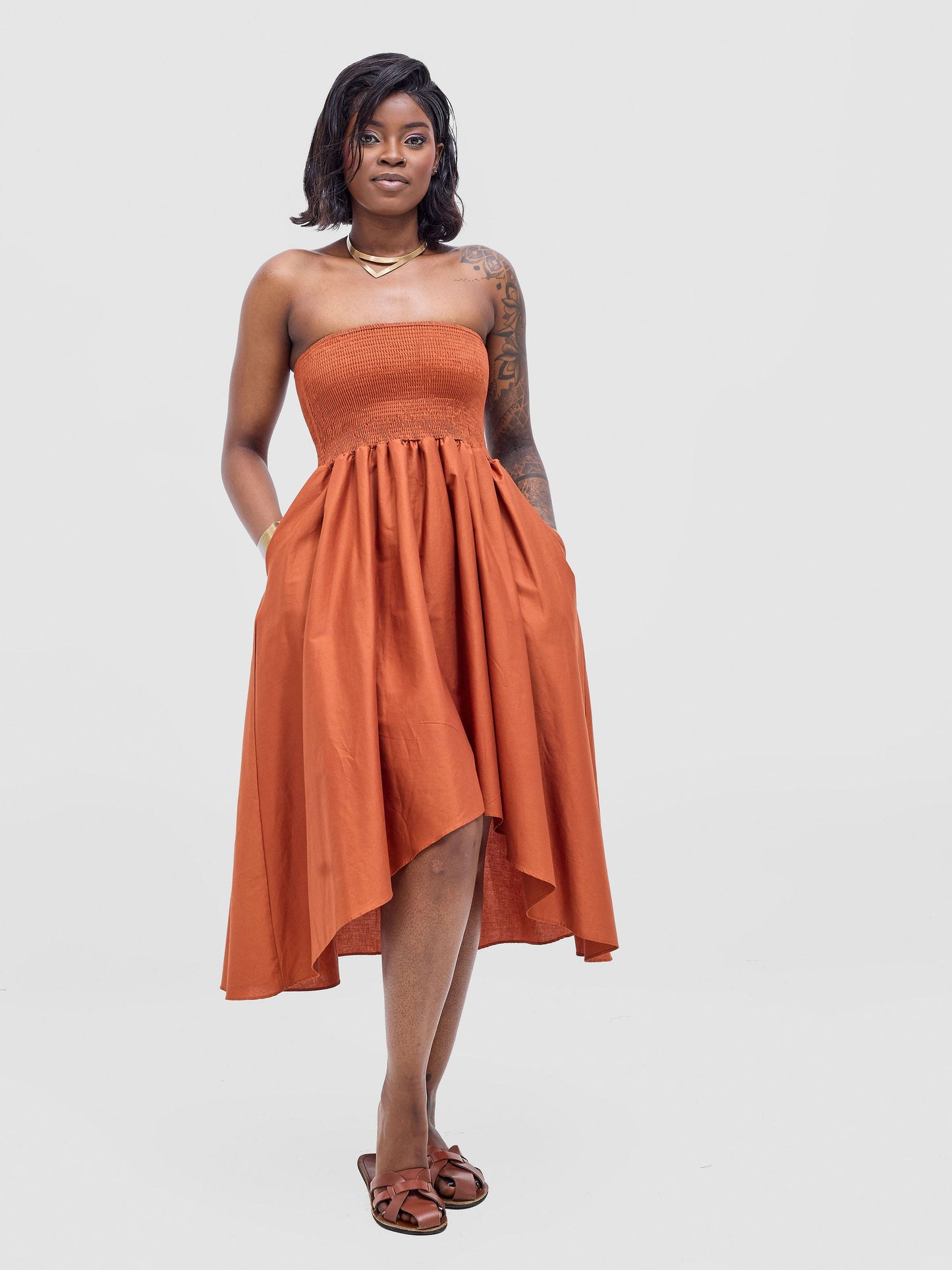 Safari Tiwa Shirred Midi Dress - Rust