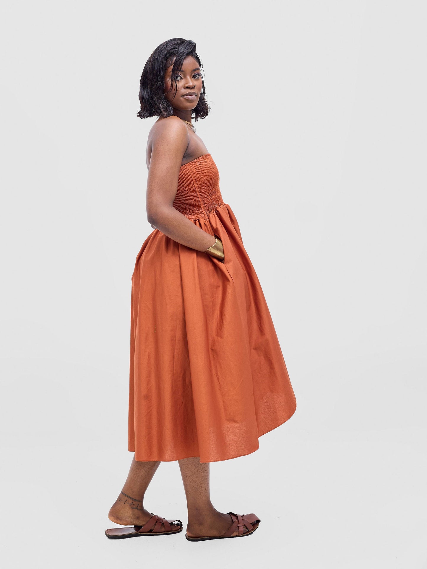 Safari Tiwa Shirred Midi Dress - Rust