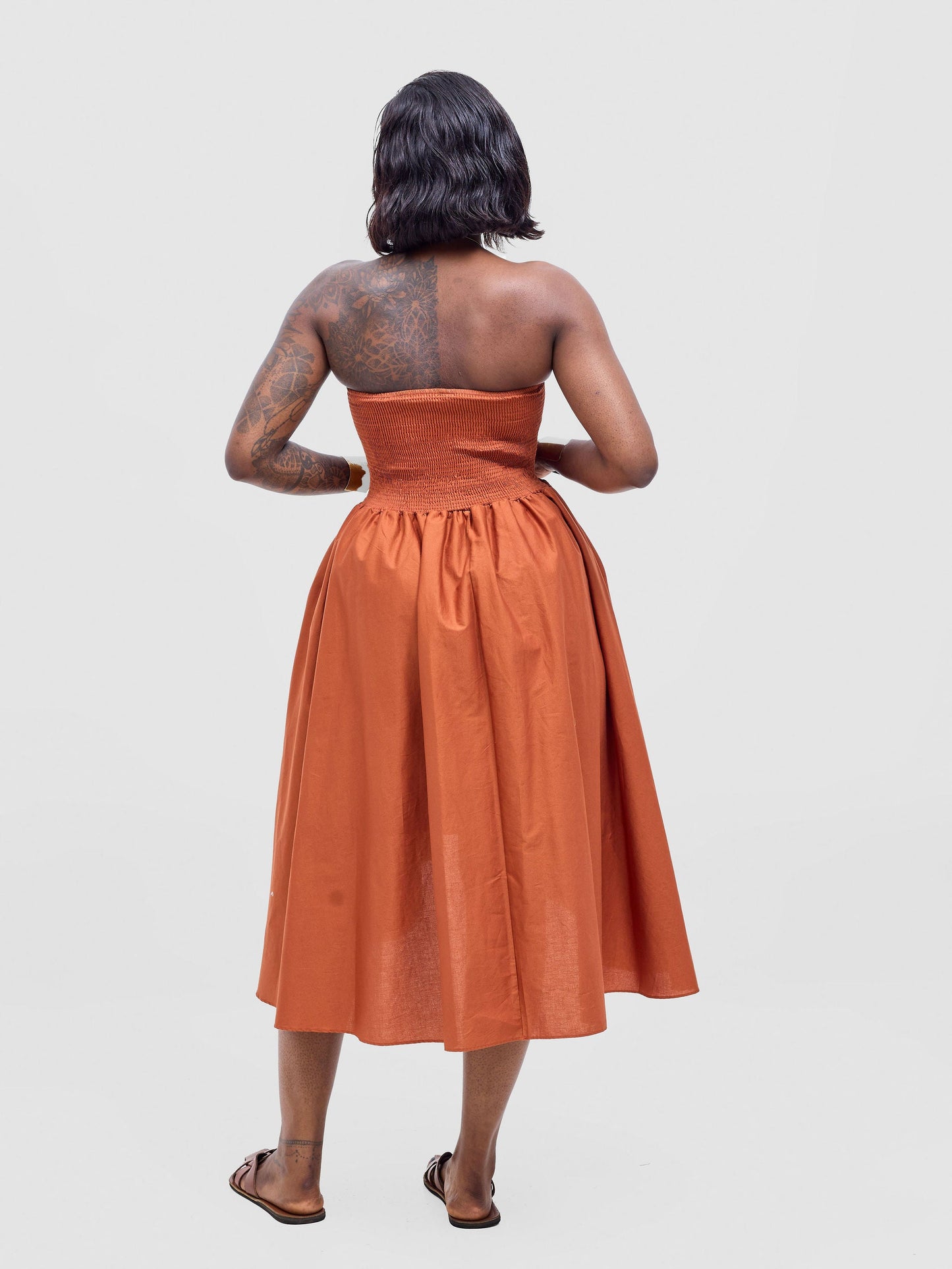 Safari Tiwa Shirred Midi Dress - Rust