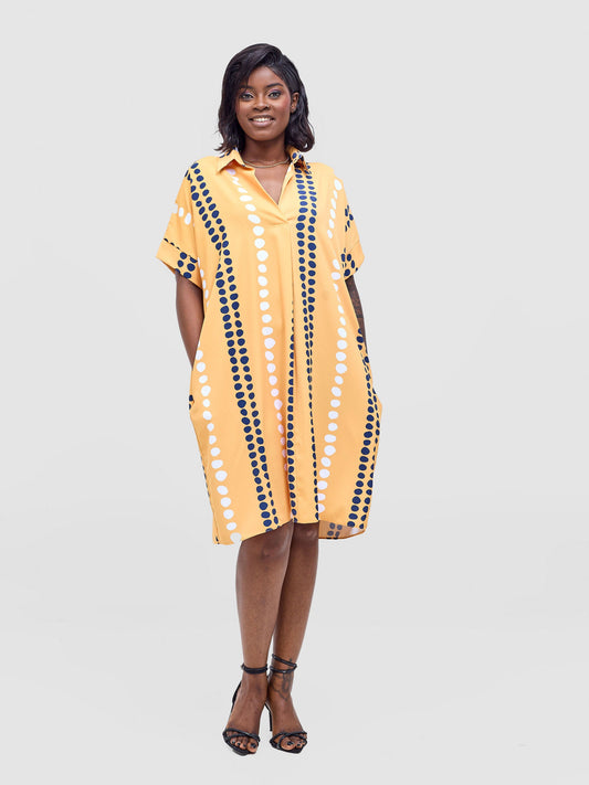 Vivo Reba Drop Shoulder Shirt Dress - Mustard / Navy Deka Print