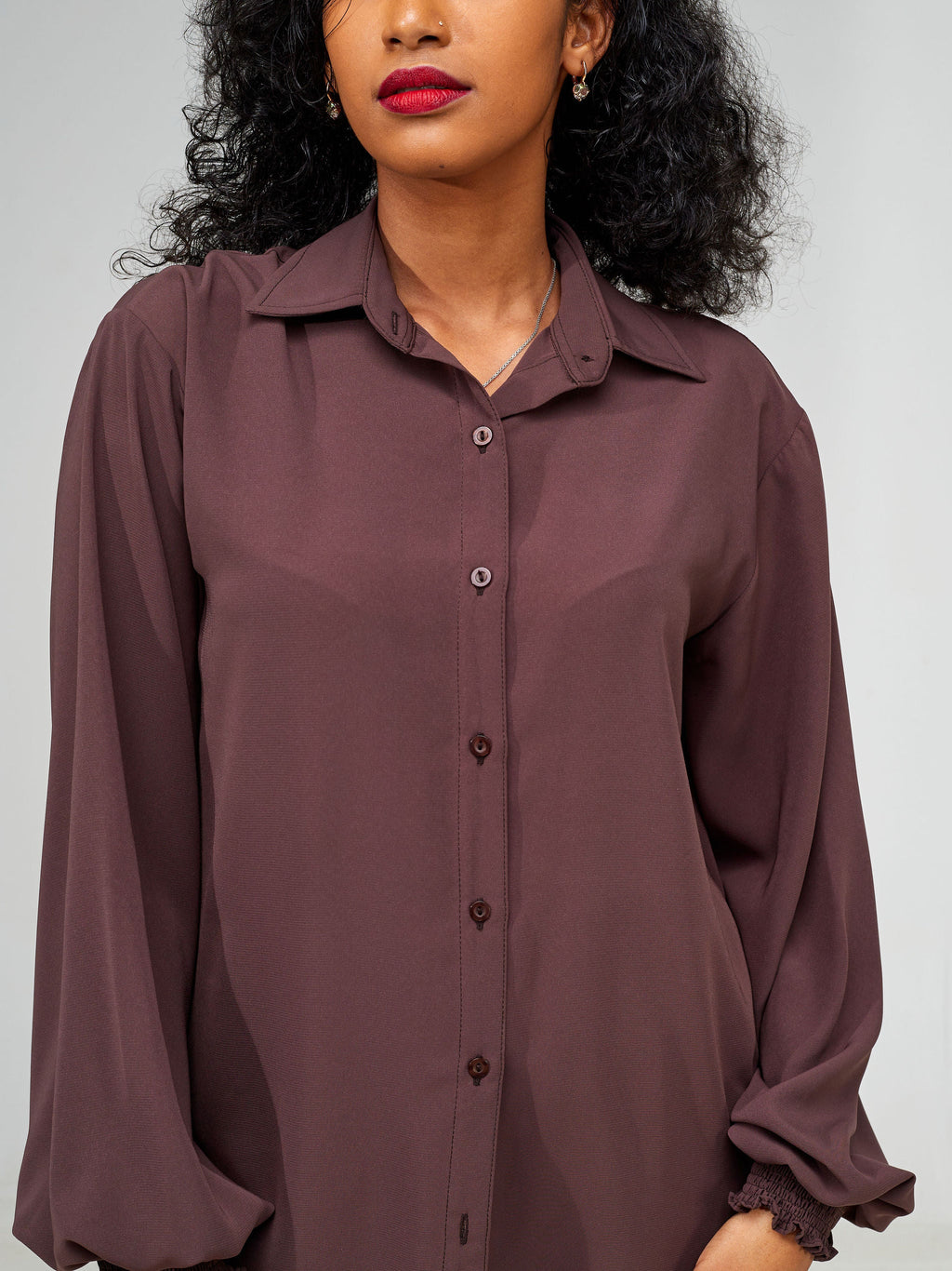 Vivo Wastani Shirred Sleeve Easy Fit Shirt - Chocolate