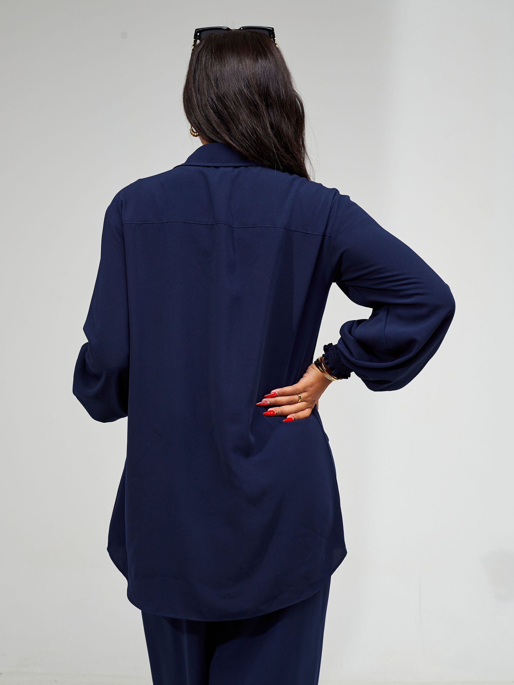 Vivo Wastani Shirred Sleeve Easy Fit Shirt - Dark Navy Blue