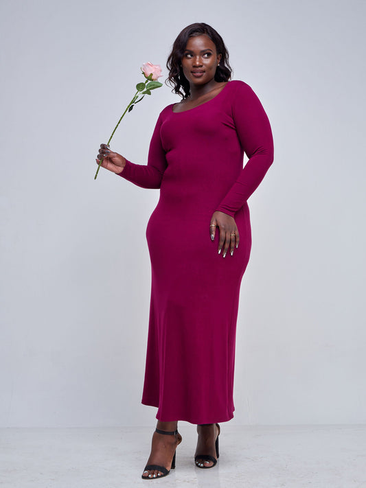 Vivo Basic Long Sleeve A-Line Maxi Dress - Burgundy