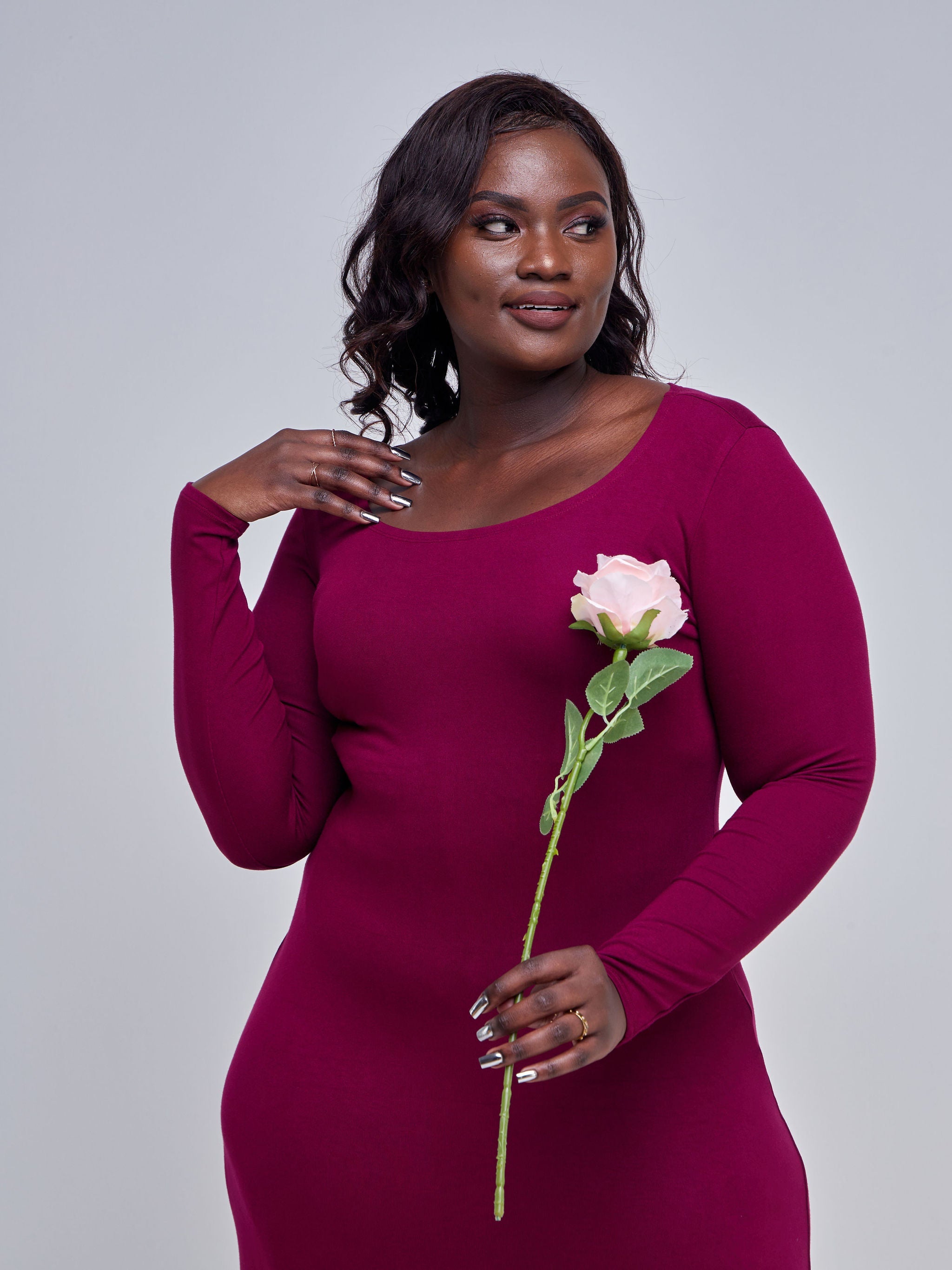 Vivo Basic Long Sleeve A-Line Maxi Dress - Burgundy