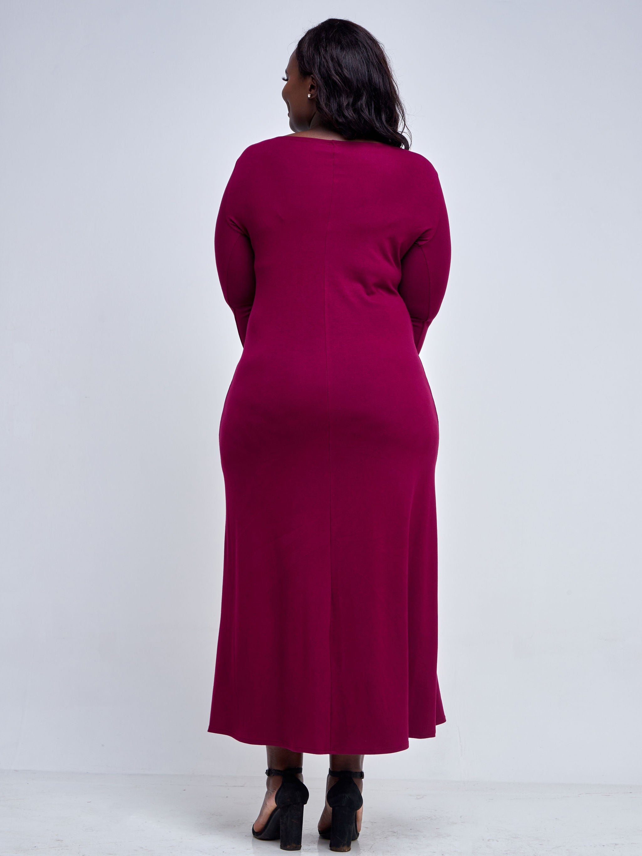 Vivo Basic Long Sleeve A-Line Maxi Dress - Burgundy