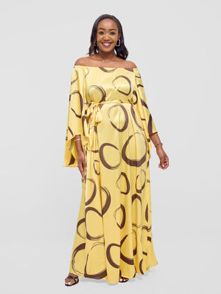 Vivo Chidii Off Shoulder Maxi Dress -Light Yellow / Dark Brown Rema Print