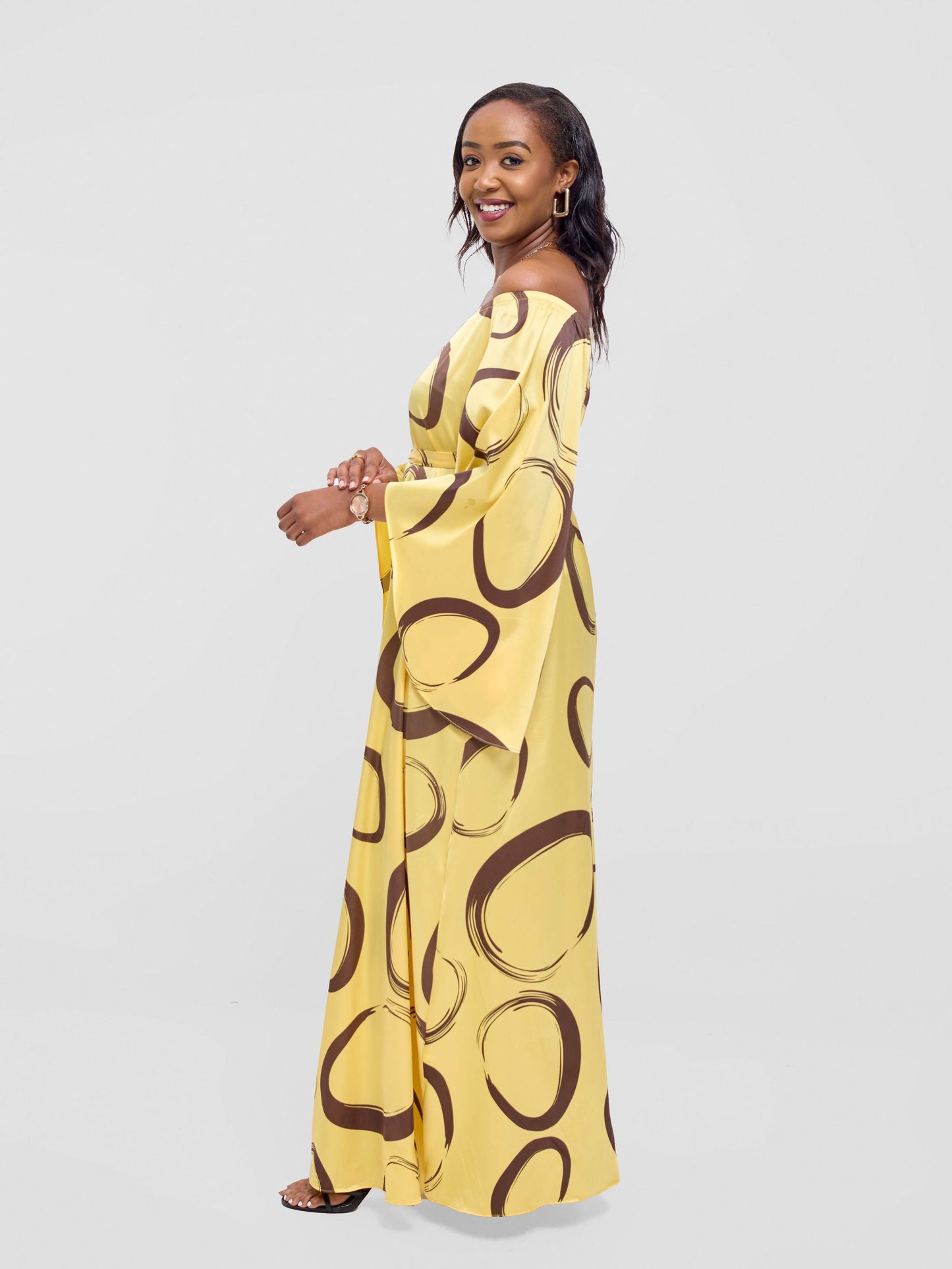 Vivo Chidii Off Shoulder Maxi Dress -Light Yellow / Dark Brown Rema Print