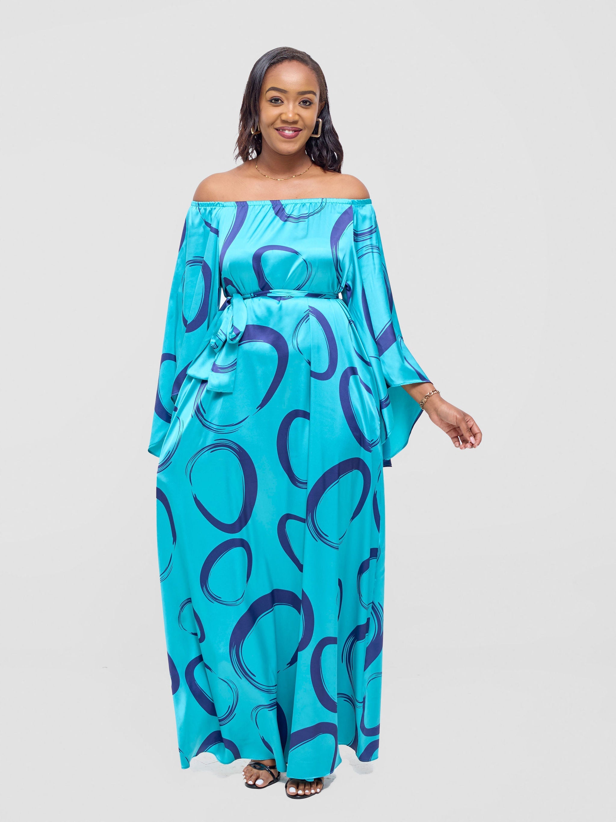 Vivo Chidii Off Shoulder Maxi Dress - Teal / Dark Navy Rema Print