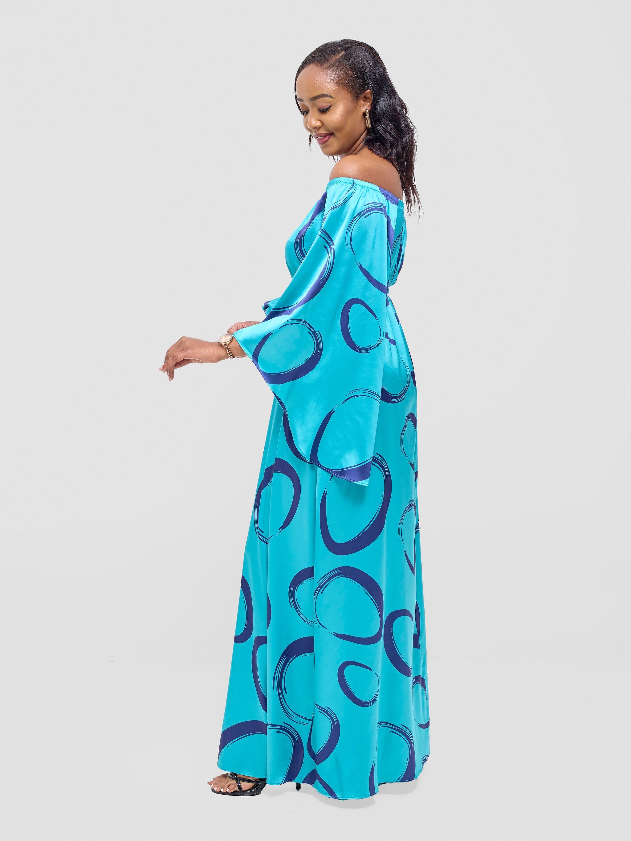 Vivo Chidii Off Shoulder Maxi Dress - Teal / Dark Navy Rema Print