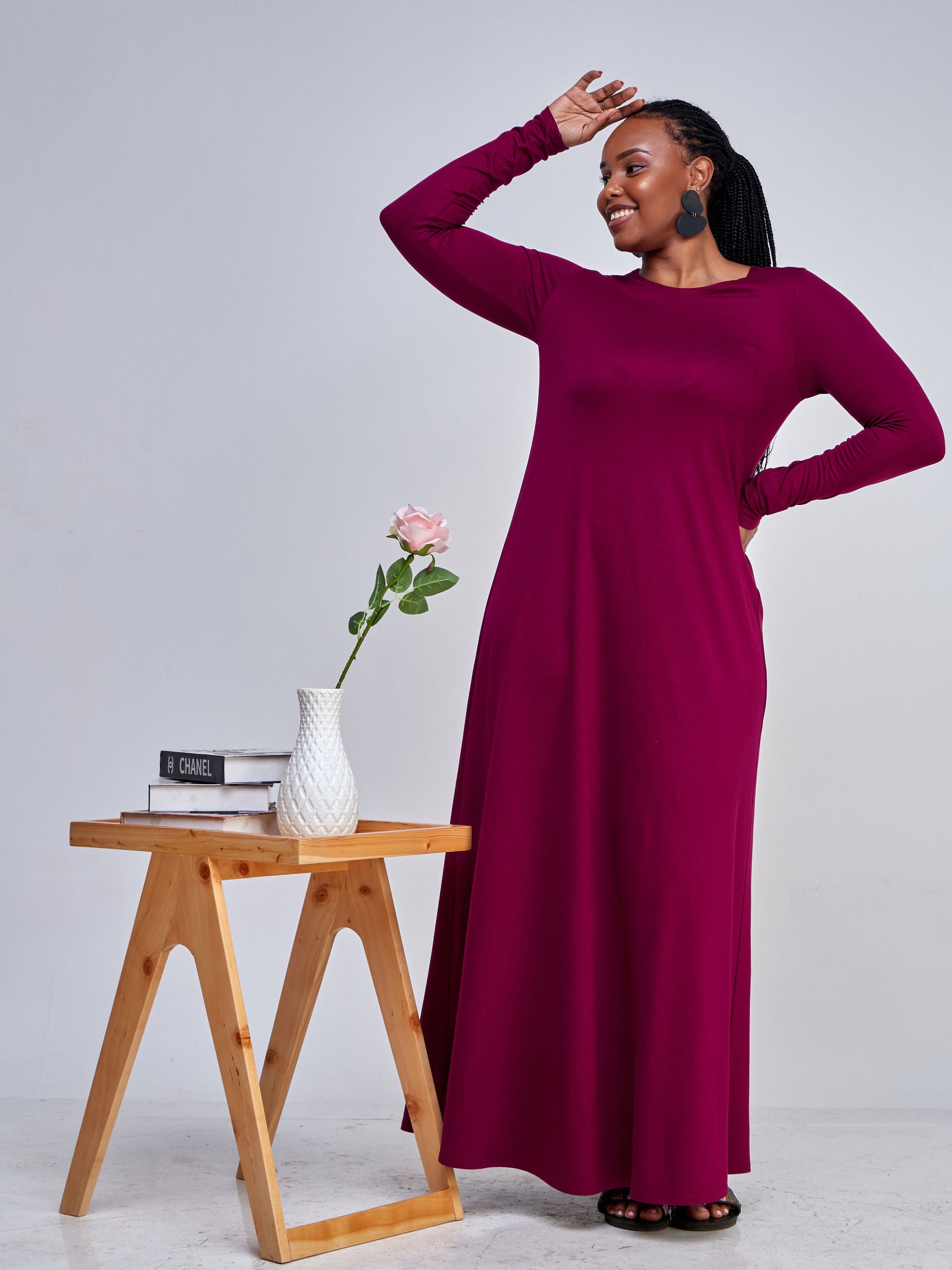 Vivo Basic Long Sleeve Julia Maxi Dress - Burgundy