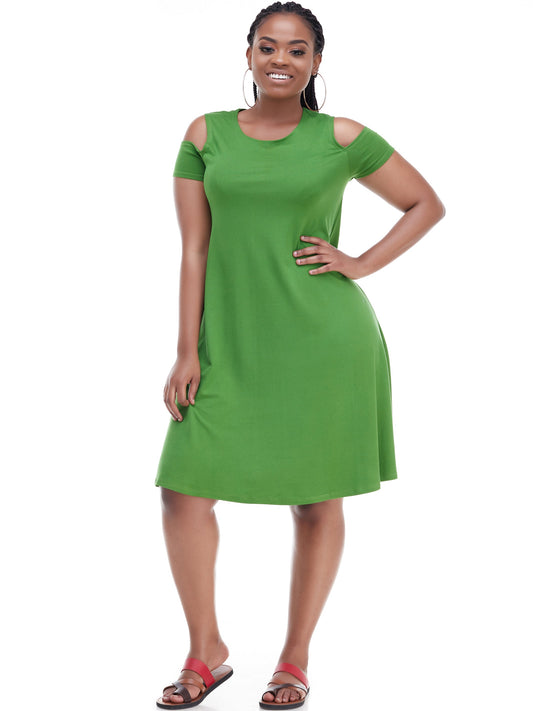 Vivo Lamu Knee Length Cold Shoulder Dress - Hunters Green